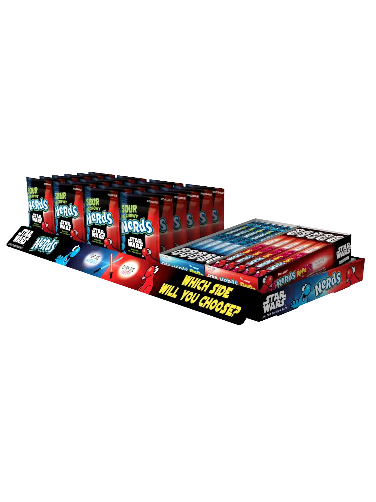 Display box of Star Wars themed Sour Nerds candy, with packages on either side and a sign asking "Which side will you choose?"