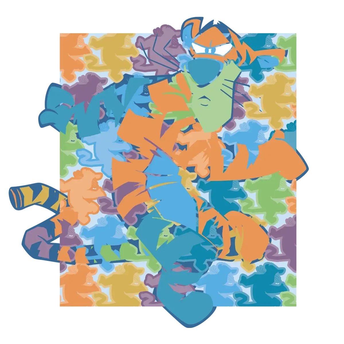 Colorful abstract illustration of a cat with orange, blue, green, and purple shades, surrounded by multiple smaller cat shapes in various colors.