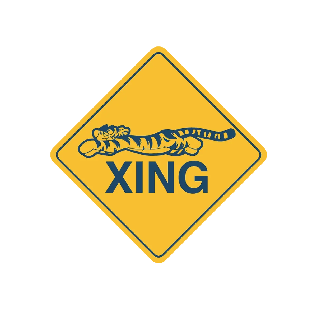 Yellow caution sign with a black outline of a reclining tiger and the word 'XING' indicating tiger crossing.