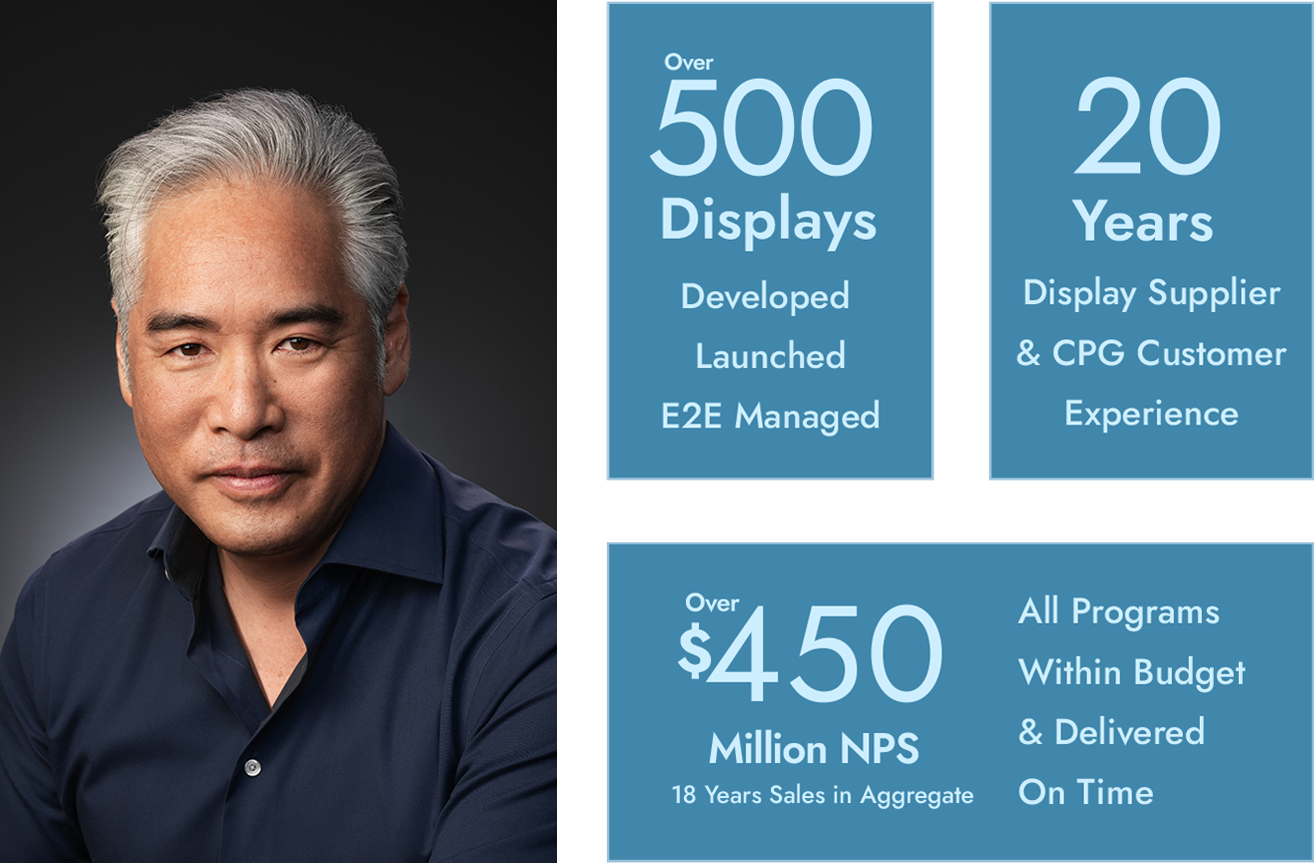 A portrait of a middle-aged man with gray hair wearing a dark blue shirt, alongside a blue informational graphic with statistics about display solutions, including over 500 displays developed and launched, 20 years of experience, over 450 million NPS, and 18 years of sales in aggregate.