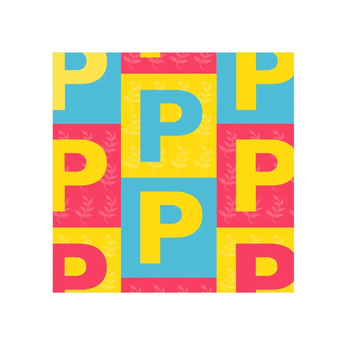 Colorful blocks with the letter 'P' in yellow on a blue, pink, and yellow background.
