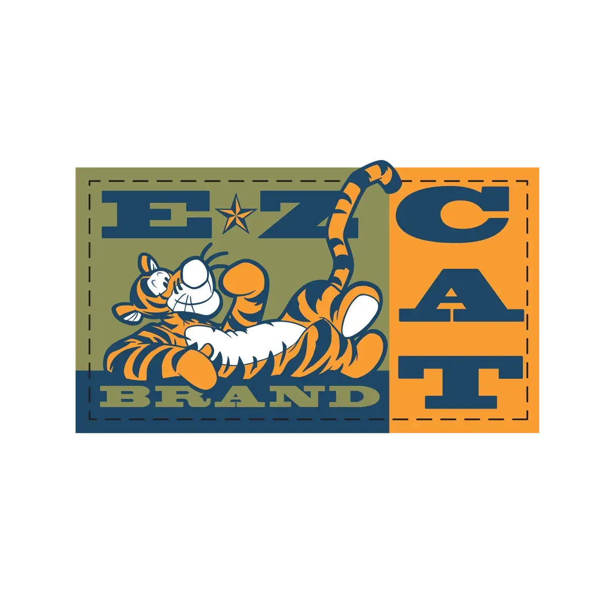 A colorful cartoon banner featuring a relaxed tiger lying down. The background is divided into green and orange sections with bold text that reads 'ECO' and 'USA.' The tiger has orange and black stripes with a white belly and face, and is smiling wit
