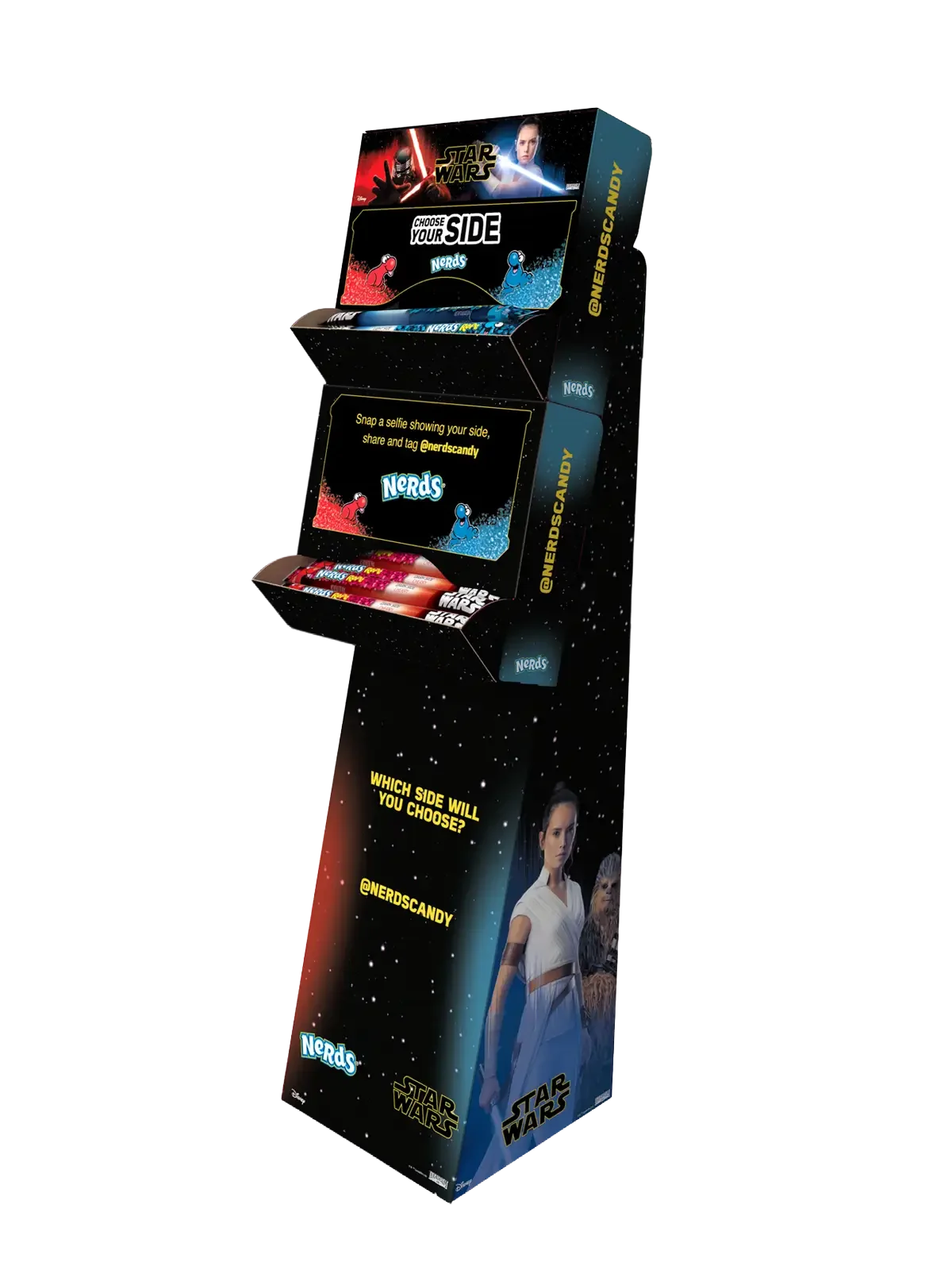 Star Wars themed candy display stand with promotional graphics featuring Rey and Chewbacca, and a section promoting choosing a side with Nerds candies, including instructions to share a selfie and tag @nerdscandy.