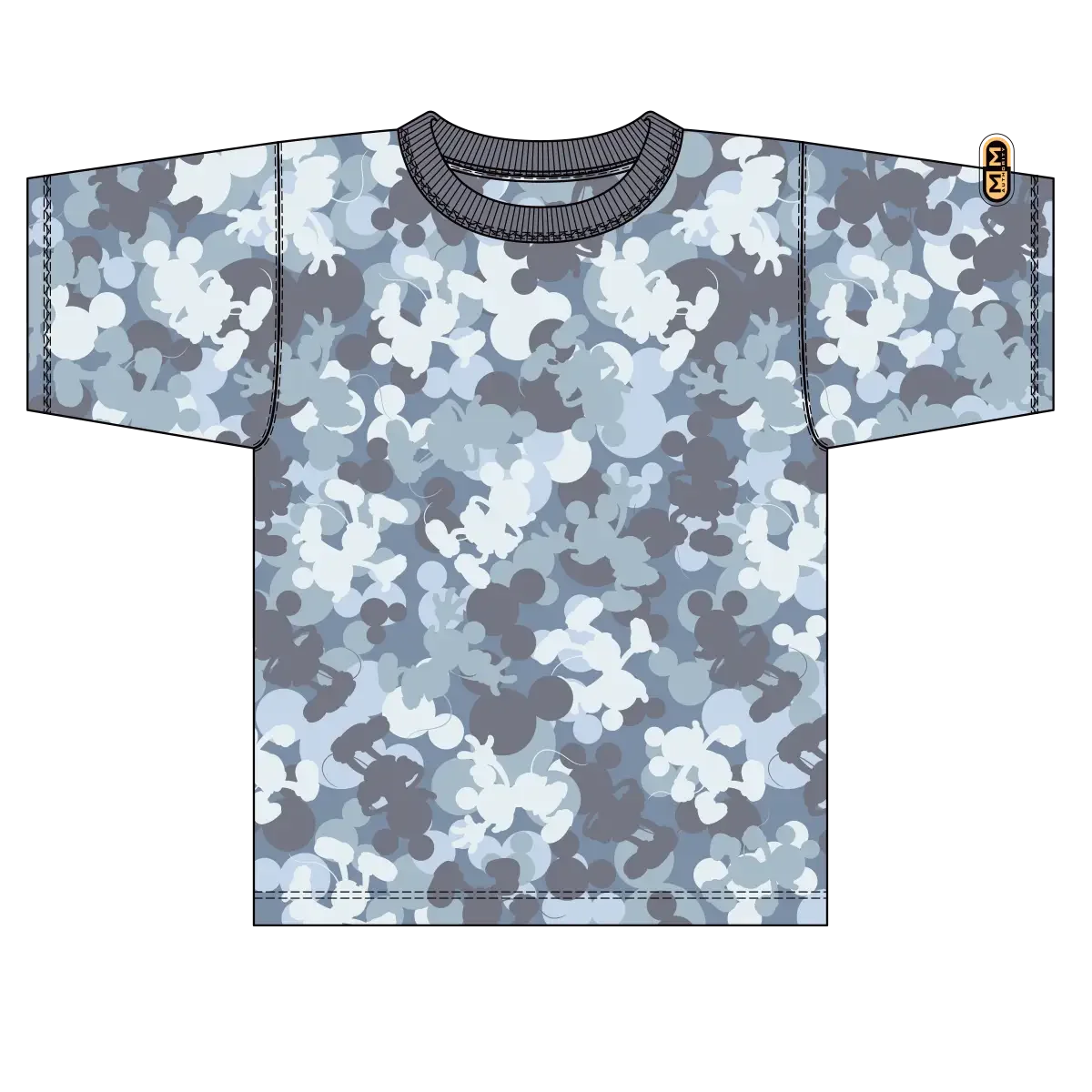 Illustration of a short-sleeved shirt with a camouflage pattern in shades of blue, white, and grey. The shirt has a crew neckline and a small logo on the left shoulder.