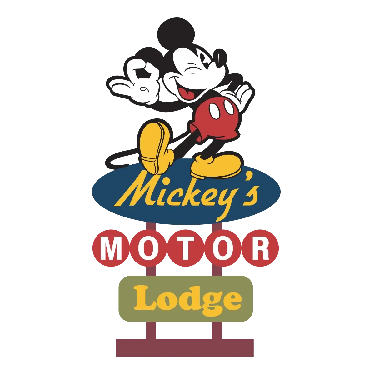 Sign with Mickey Mouse illustration at the top, the words "Mickey's MOTOR" in a circle, the word "MOTOR" in red circles, and "Lodge" at the bottom.