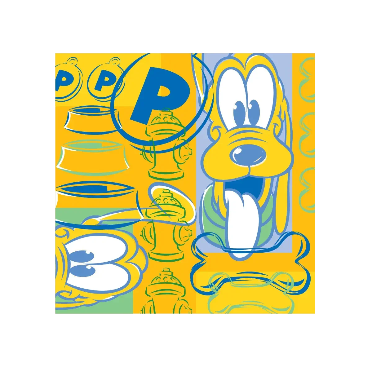 Colorful illustration of Pluto, the cartoon dog, with a large head, big eyes, and a happy expression, alongside paw prints, dog bones, and fire hydrants in a playful, vibrant style.