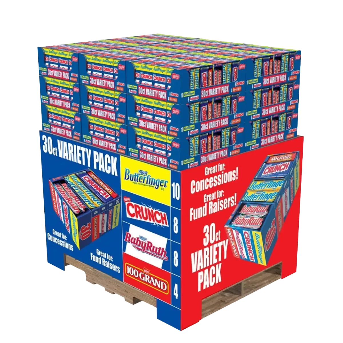 Display of a 30-piece variety pack of candy, including Crunch, Butterfinger, BabyRuth, and 100Grand, with signage indicating it is suitable for concessions and fundraisers.