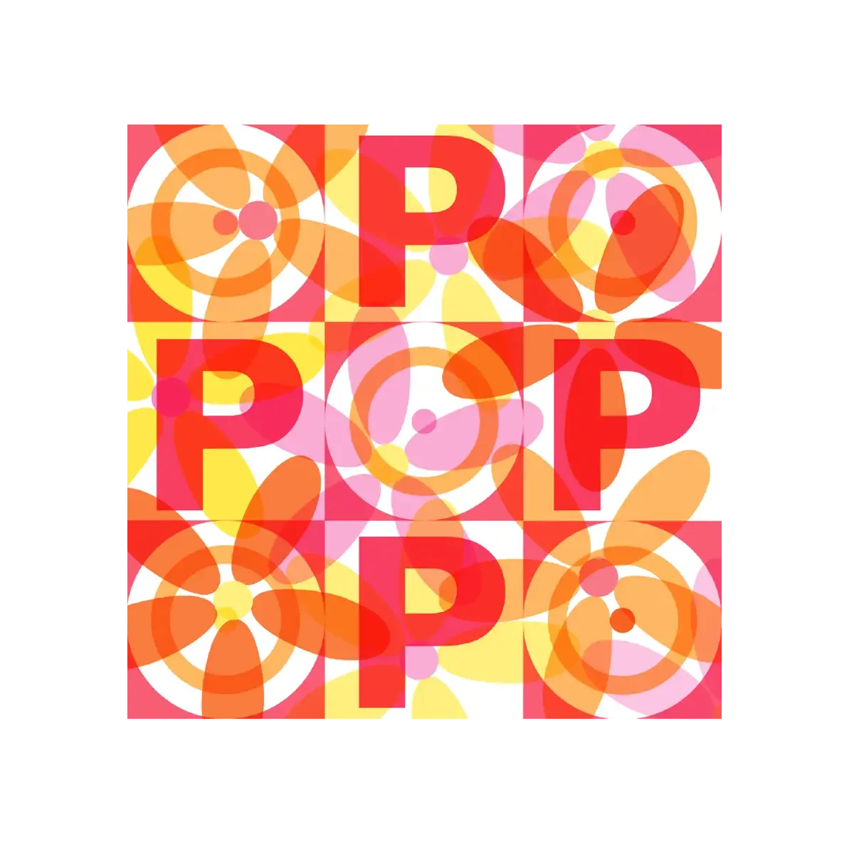 Colorful abstract pattern with the word 'POP' repeated in large red letters over a background of pink, orange, yellow, and white shapes.