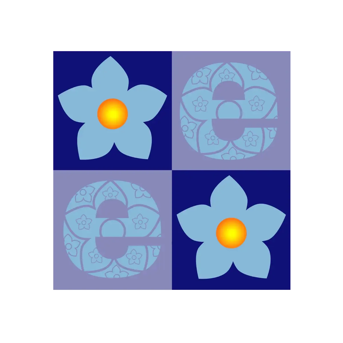 A four-panel design featuring stylized blue flowers with yellow centers, arranged in a grid with alternating dark and light blue backgrounds.