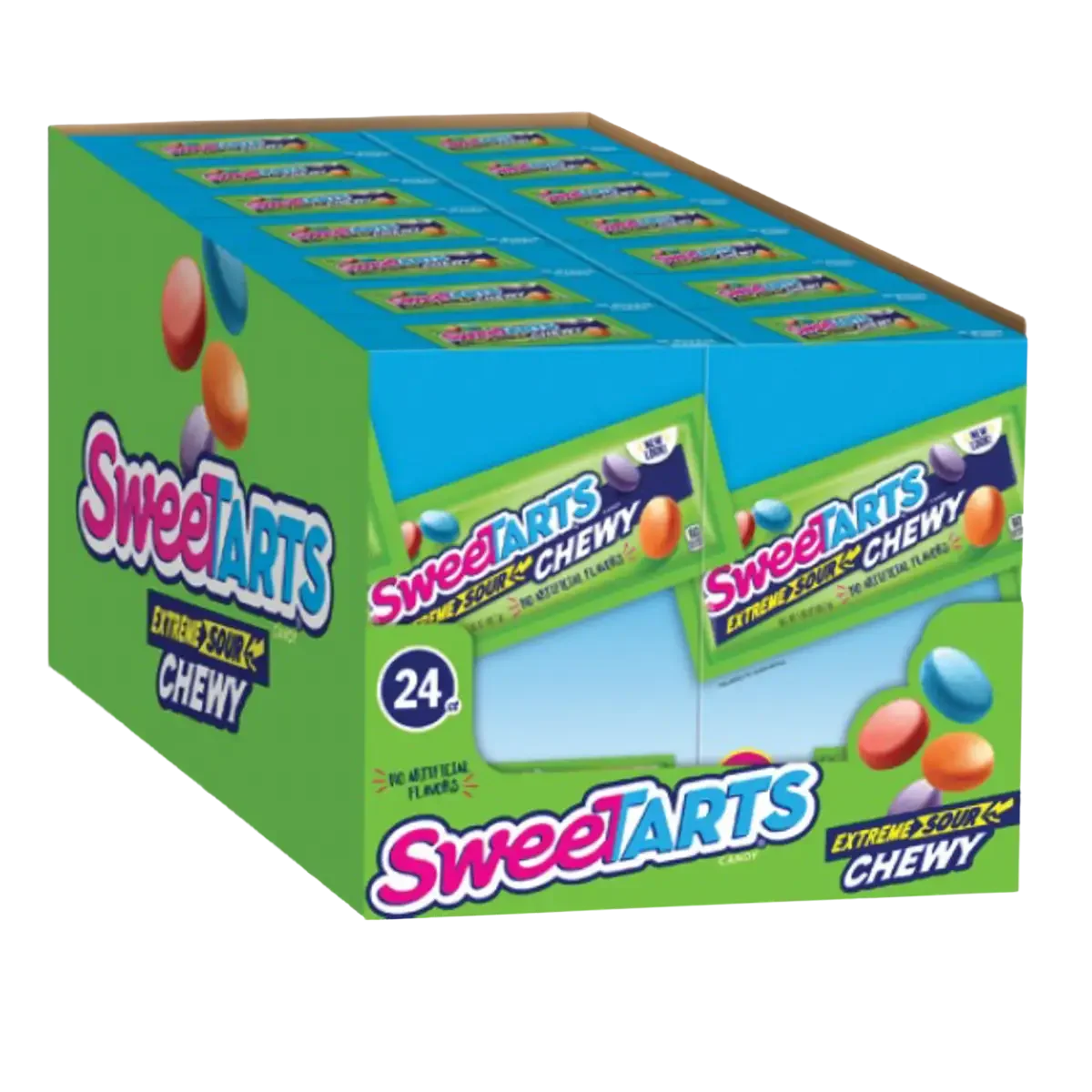 Box of SweetTarts Chewy candy in 24 pack, flavors include orange, purple, and blue