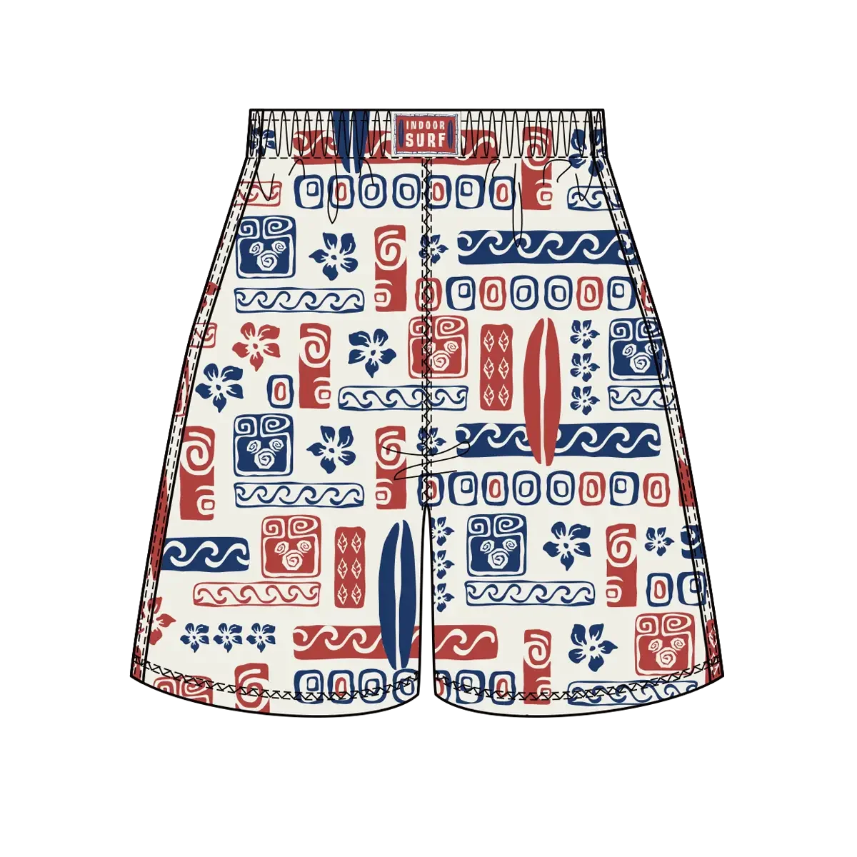 Board shorts with a red, white, and blue Polynesian pattern.