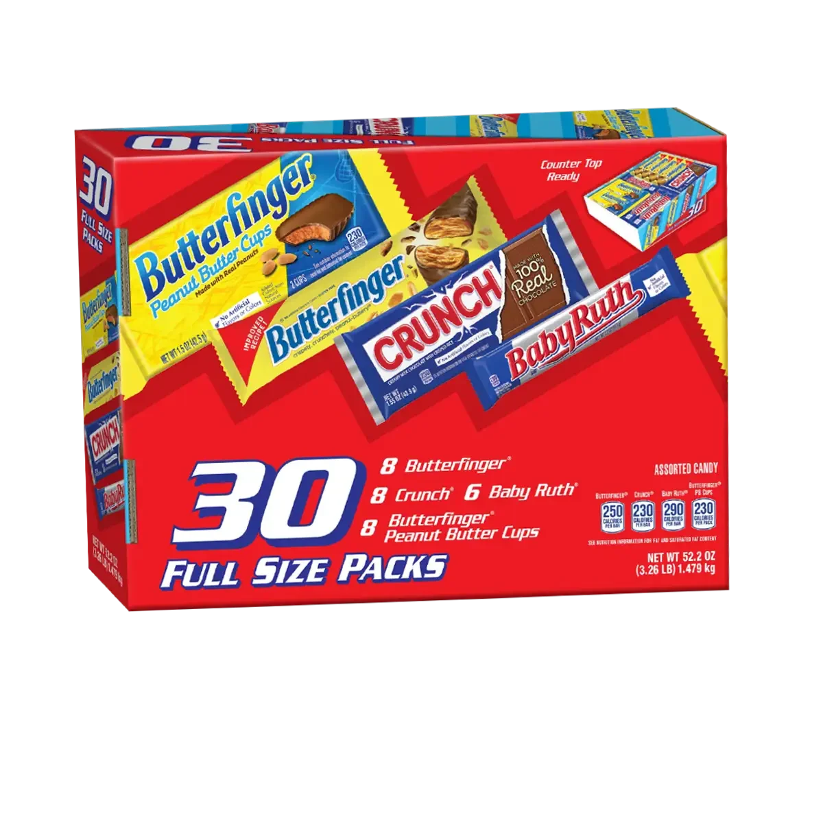 A red box of assorted snack packs containing Butterfinger, Crunch, Baby Ruth, and Peanut Butter Cups.