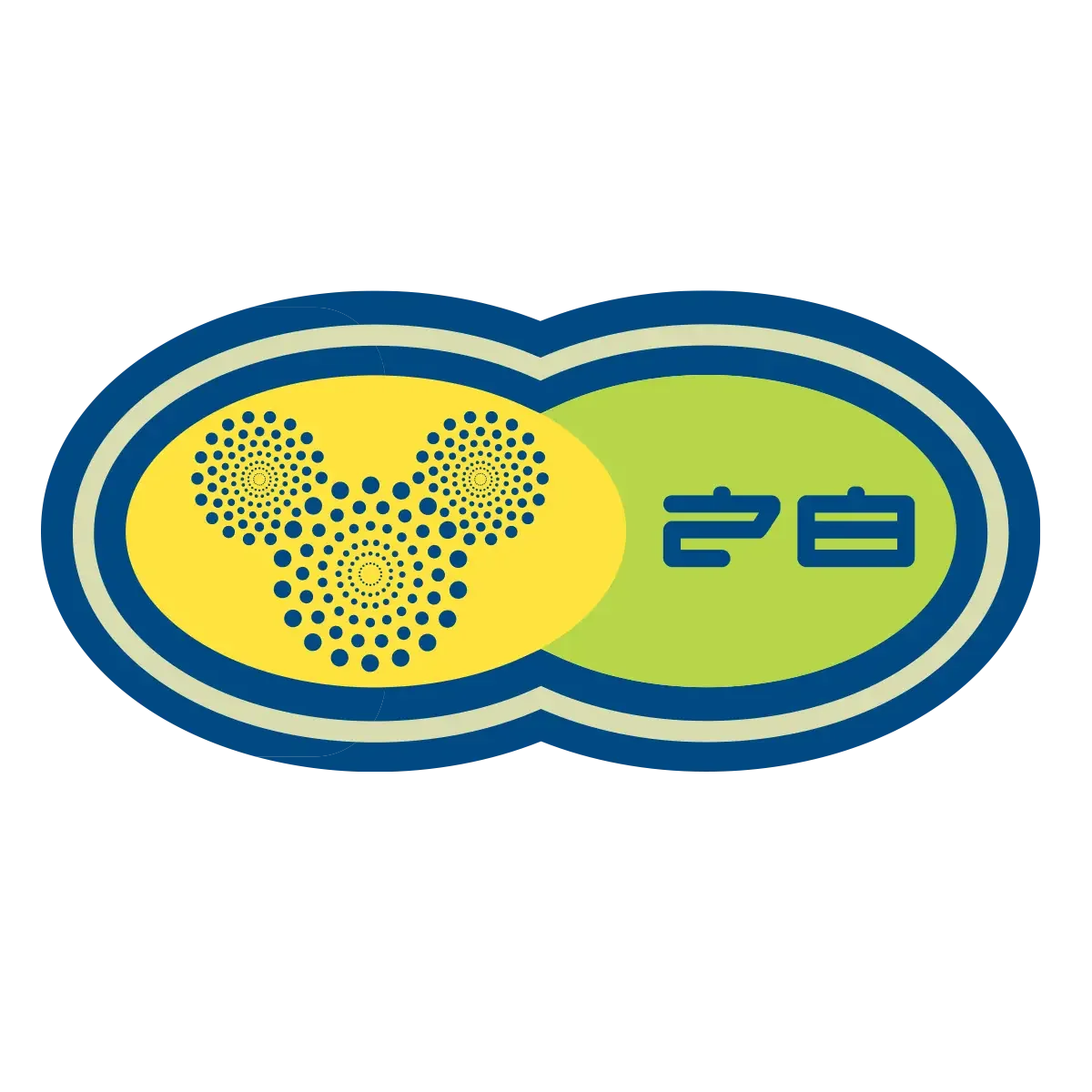 Colorful graphic design resembling a circular label with bubbles forming a butterfly shape on the left and stylized Korean characters on the right.