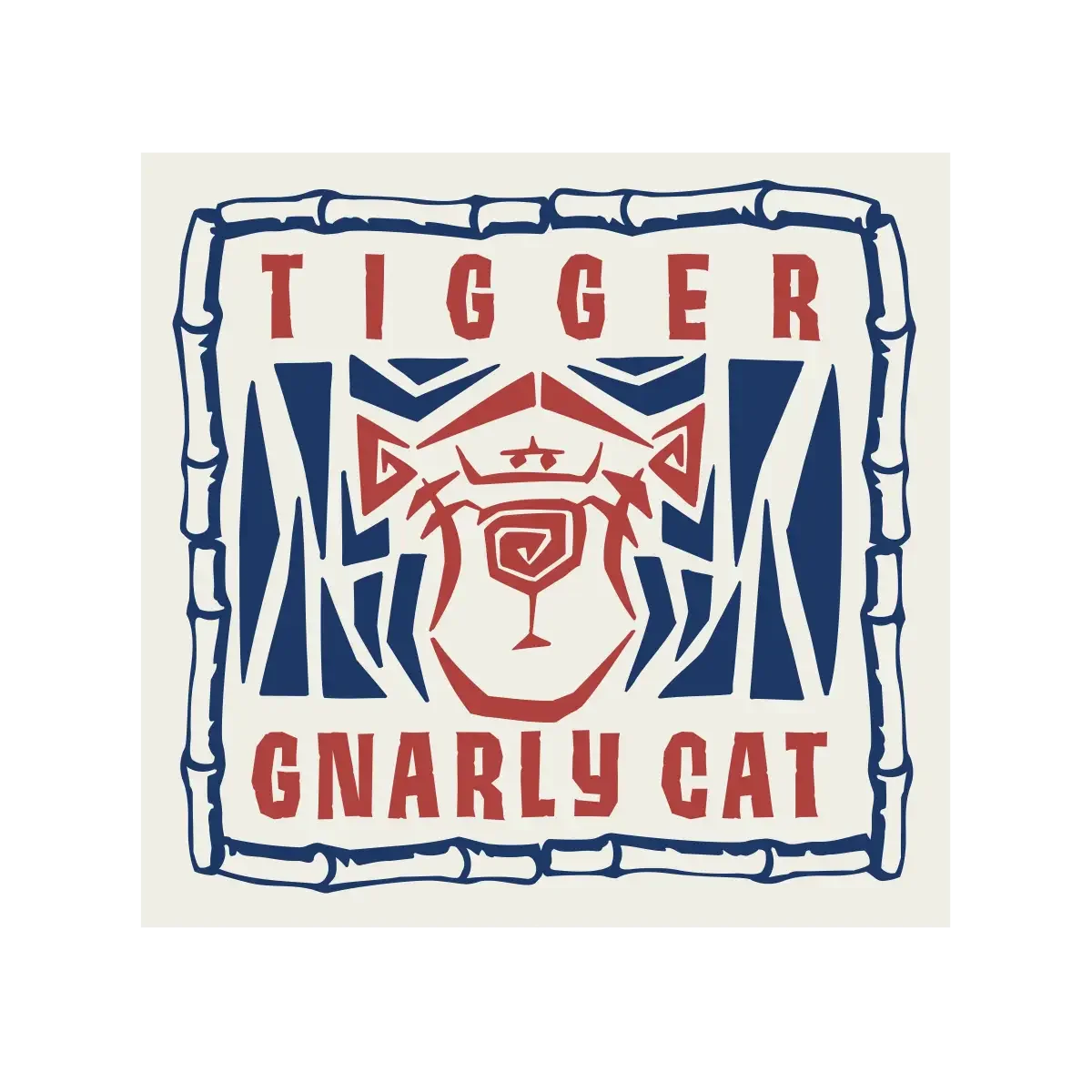 A stylized logo featuring a bear's face outlined with tribal-like red and blue lines, framed by a bamboo border. The text 'TIGGER' is at the top and 'GNARLY CAT' is at the bottom, with a red, swimmer-style T-shaped symbol between the words.