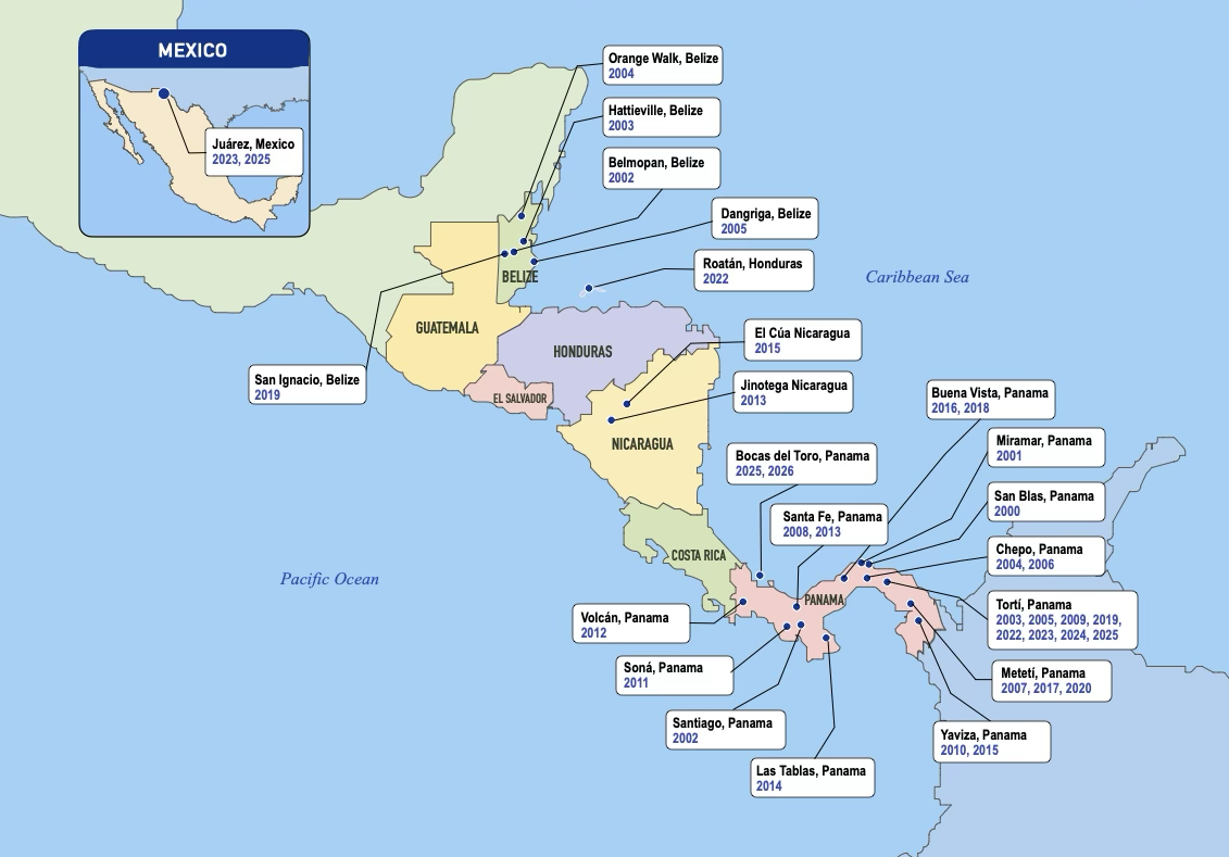 Map of Panama Eye Ministry Missions over time.