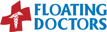 Logo of Floating Doctors featuring a red medical cross with a caduceus symbol and the text 'FLOATING DOCTORS' in blue.