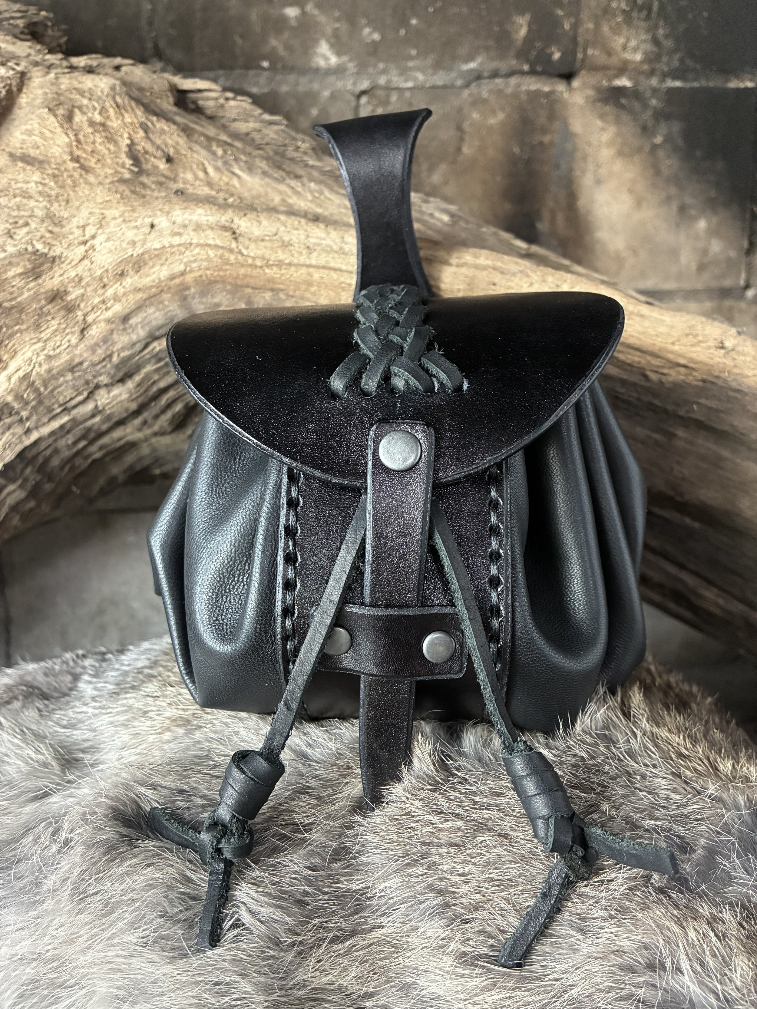 "Punger" Black Draw String Leather Belt Pouch. Front View