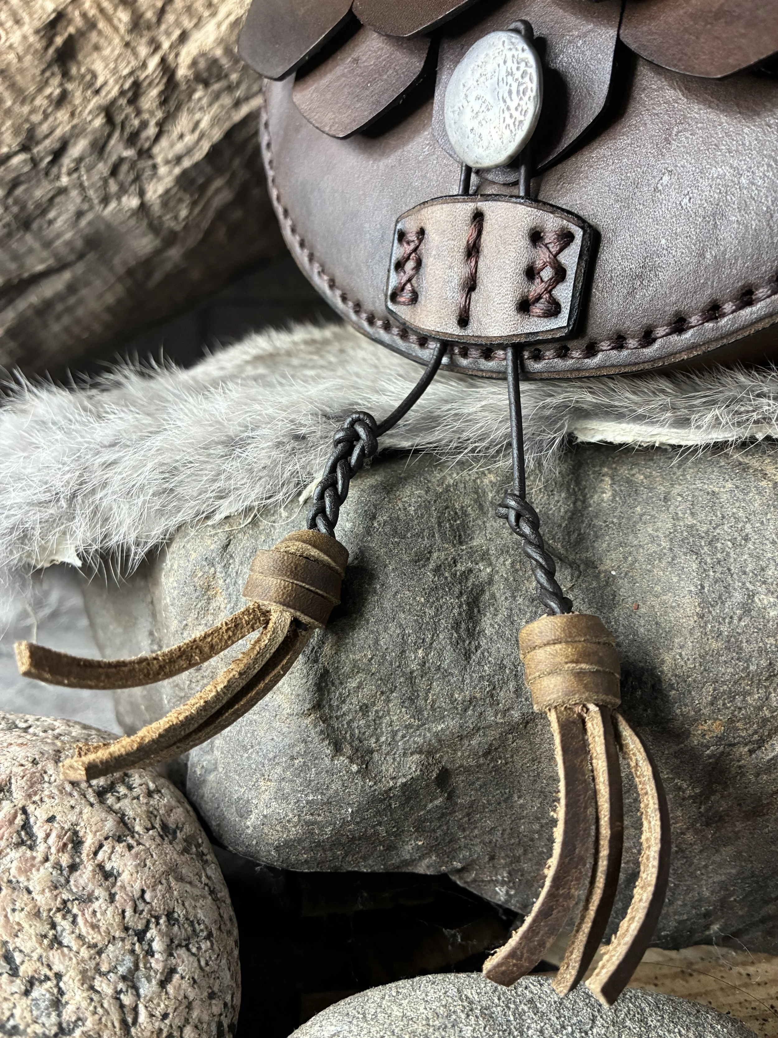 Brown Scale Armor Leather Belt Bag. Closure Detail