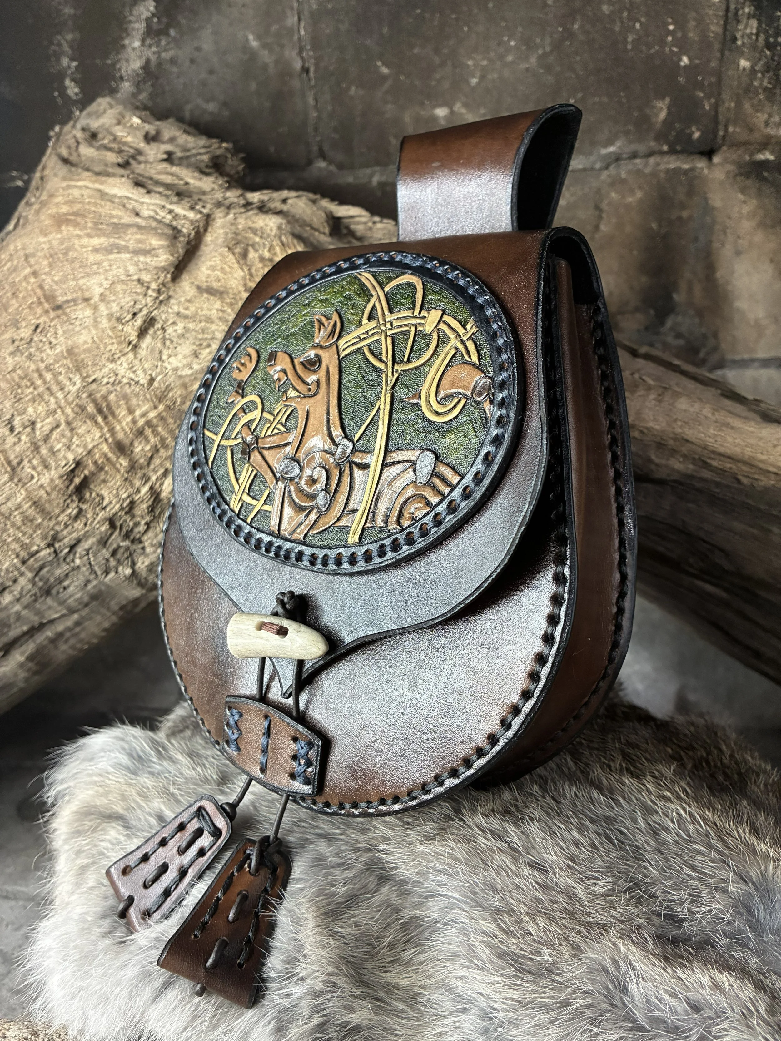 Fenrir the Wolf Leather Belt Bag. Side View