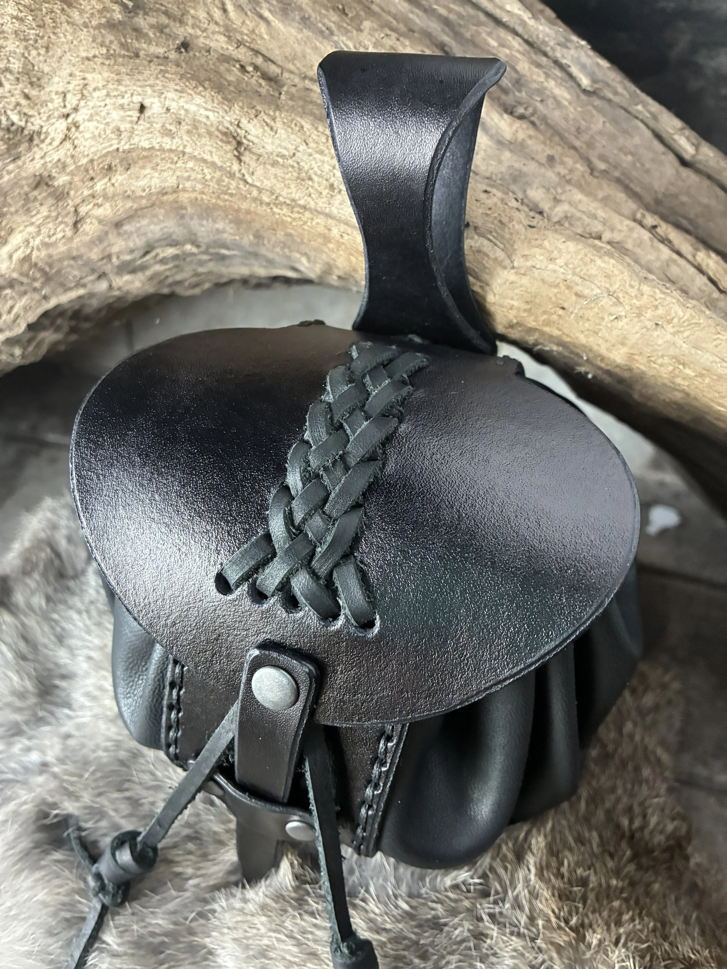 "Punger" Black Draw String Leather Belt Pouch. Braid Detail