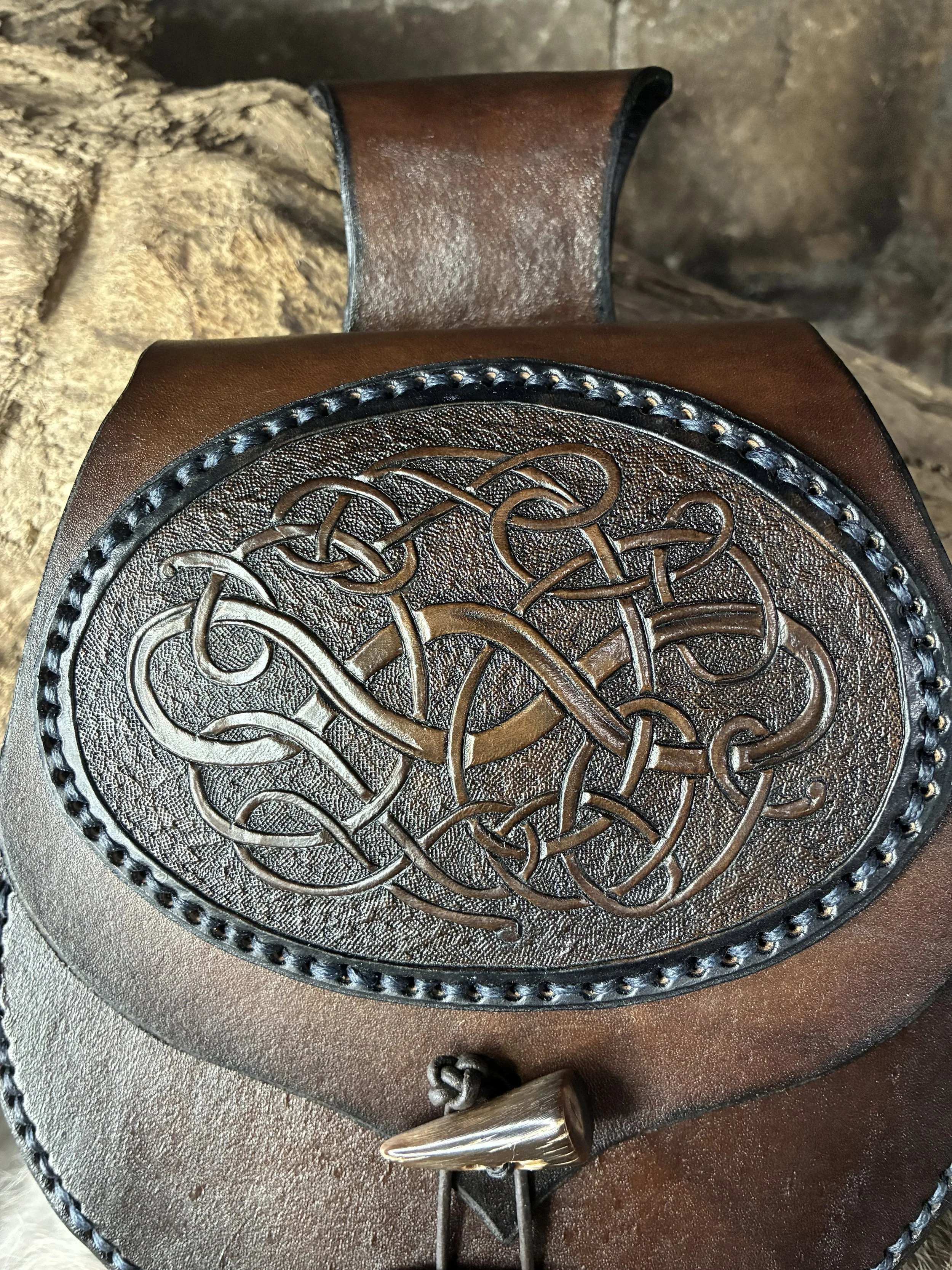 Viking King Leather Belt Bag. Carving Detail