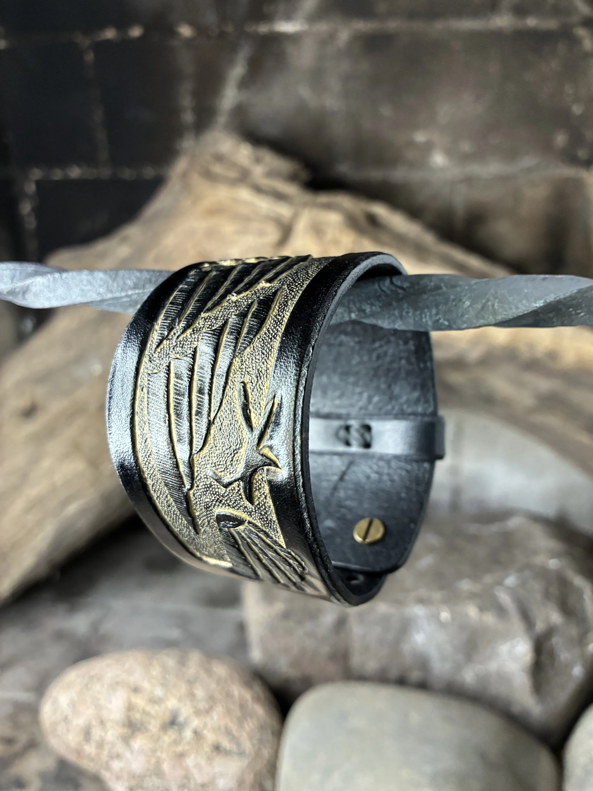Odin's Raven, Muninn Leather Wrist Cuff. Hand Carved and antiqued.  Bottom view