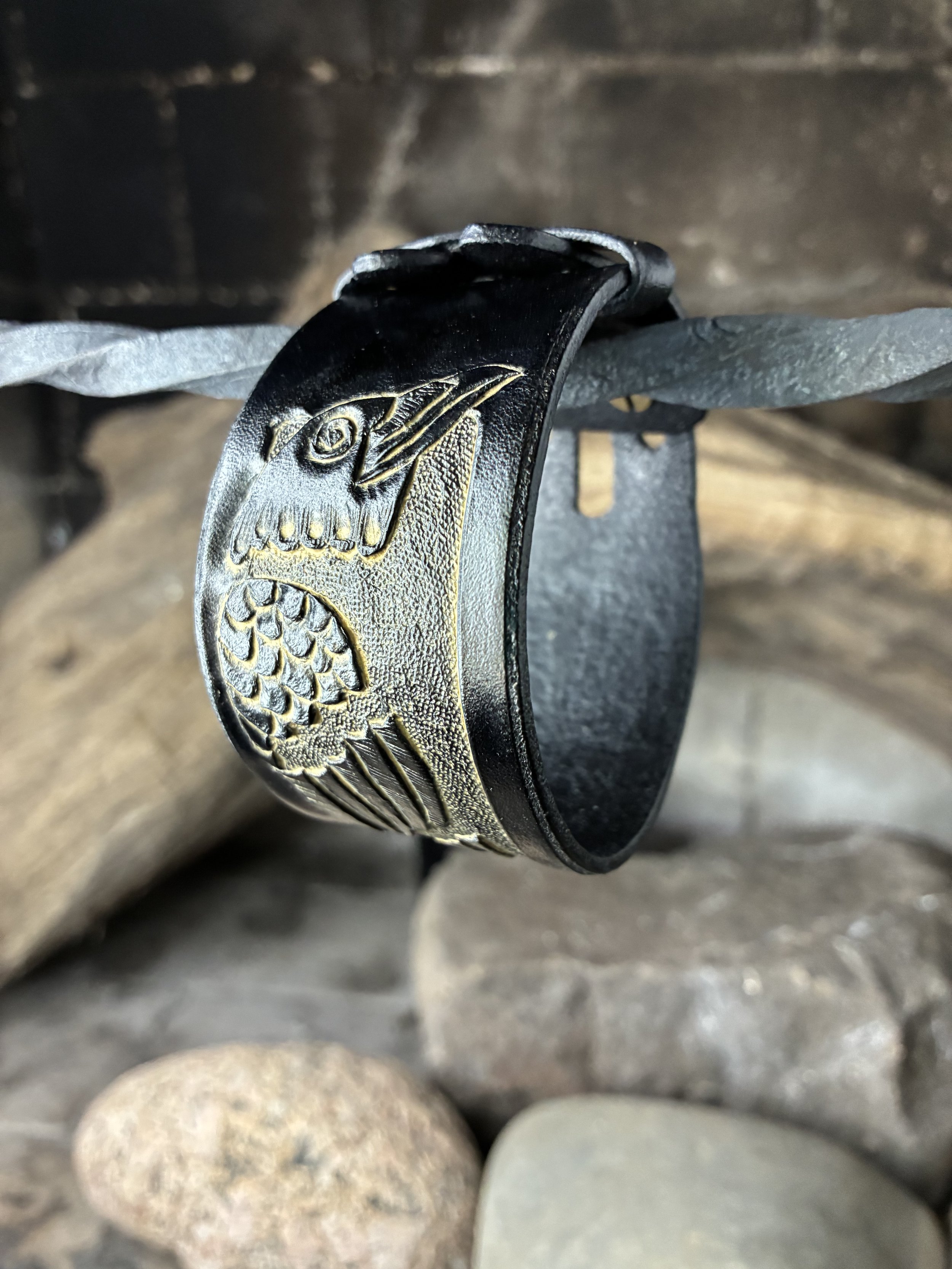 Odin's Raven, Muninn Leather Wrist Cuff. Front view