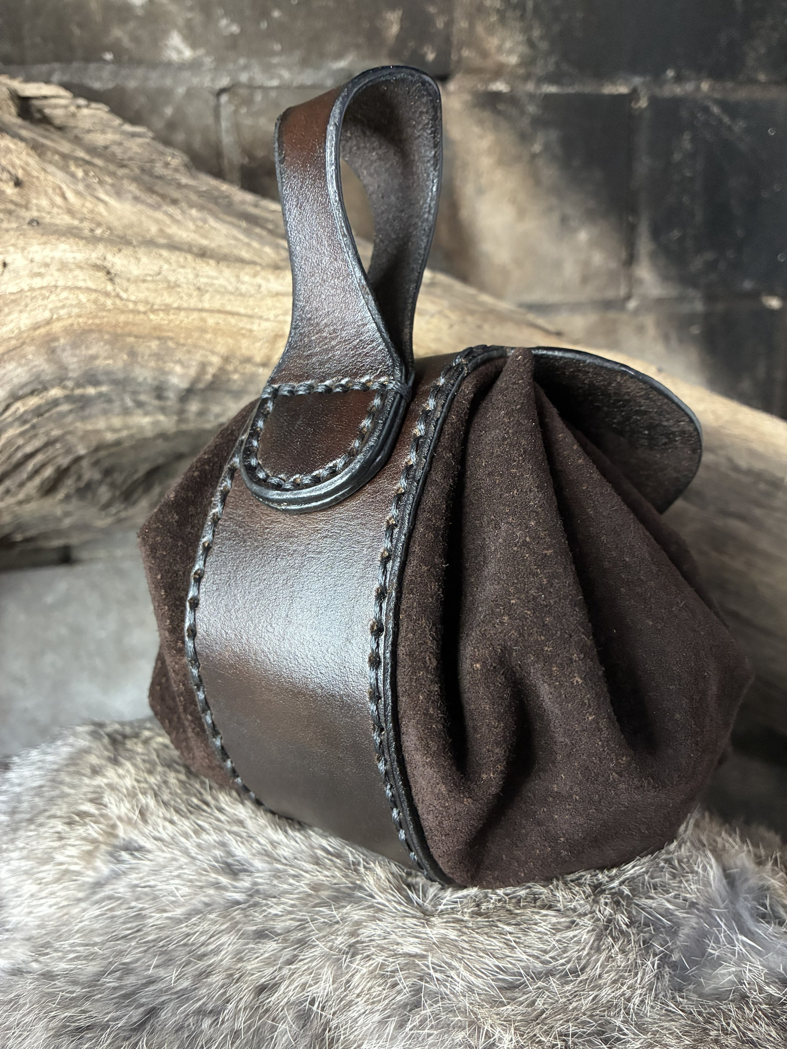 Brown Draw String Leather Viking Belt Pouch. Back View