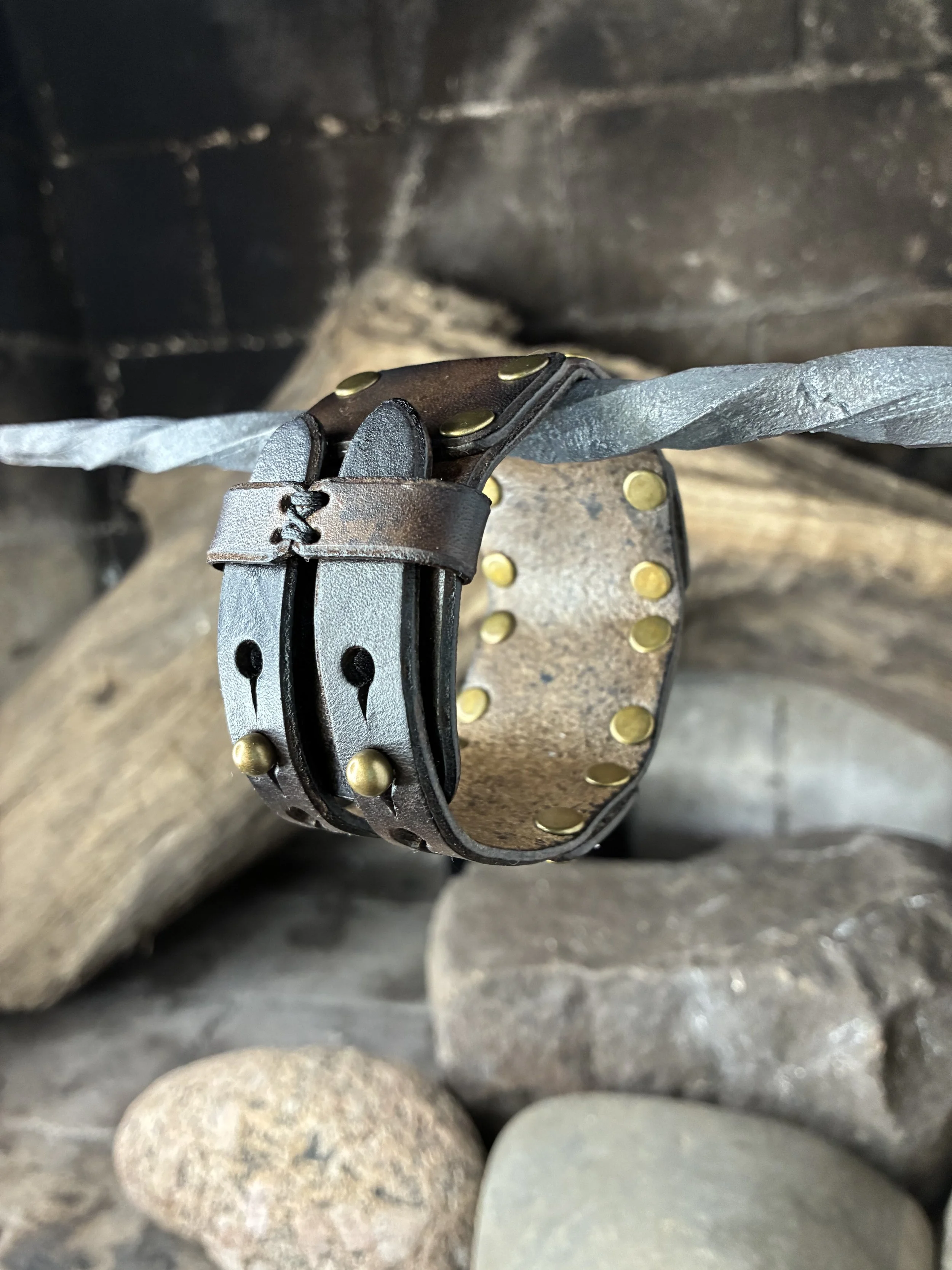 Lamellar Armor inspired Leather Wrist Cuff in Brown.  Strap Closure