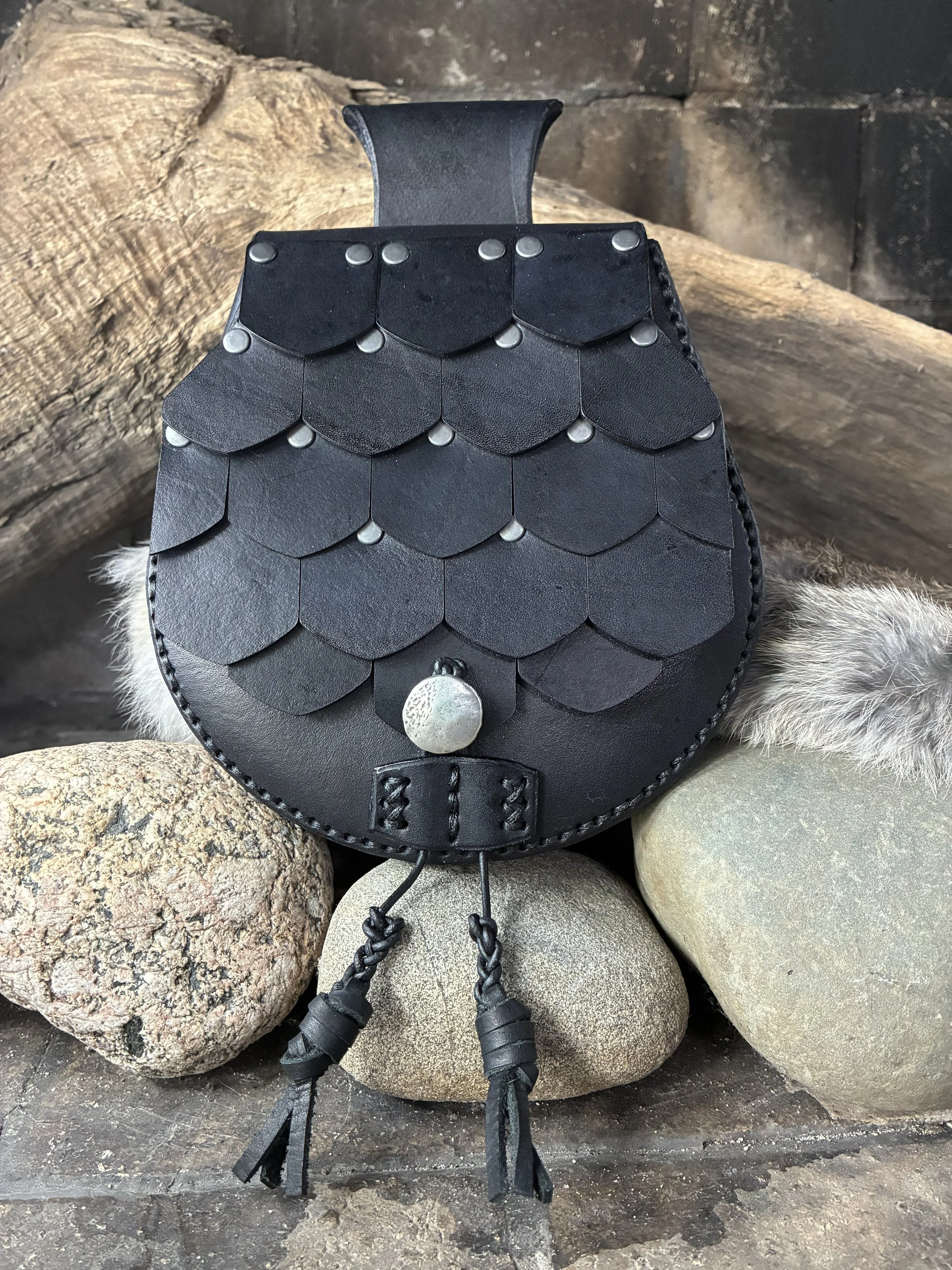 Black Scale Armor Leather Belt Bag. Front View