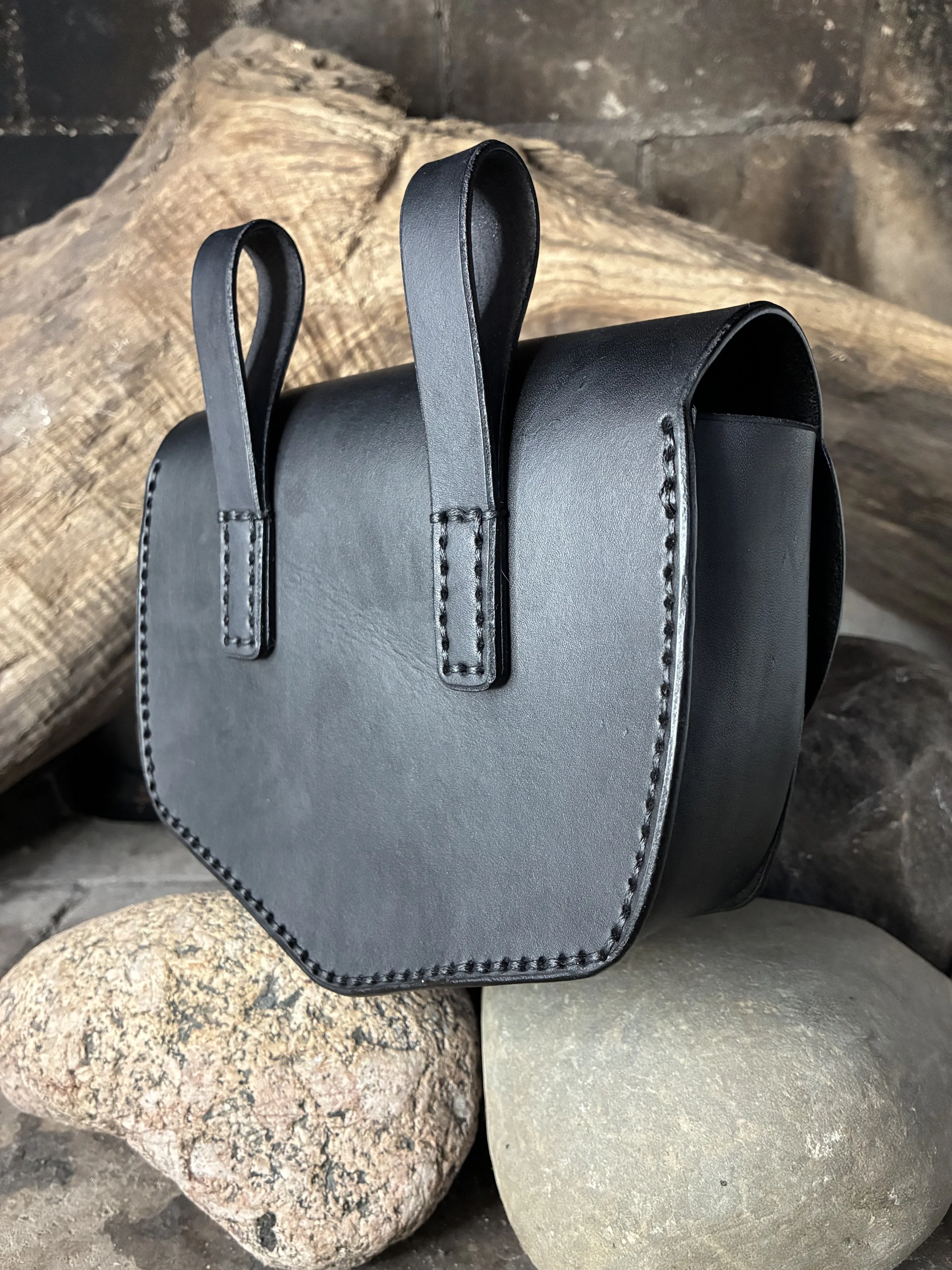 Handcrafted Black Leather Belt Bag With Card Pockets Back View