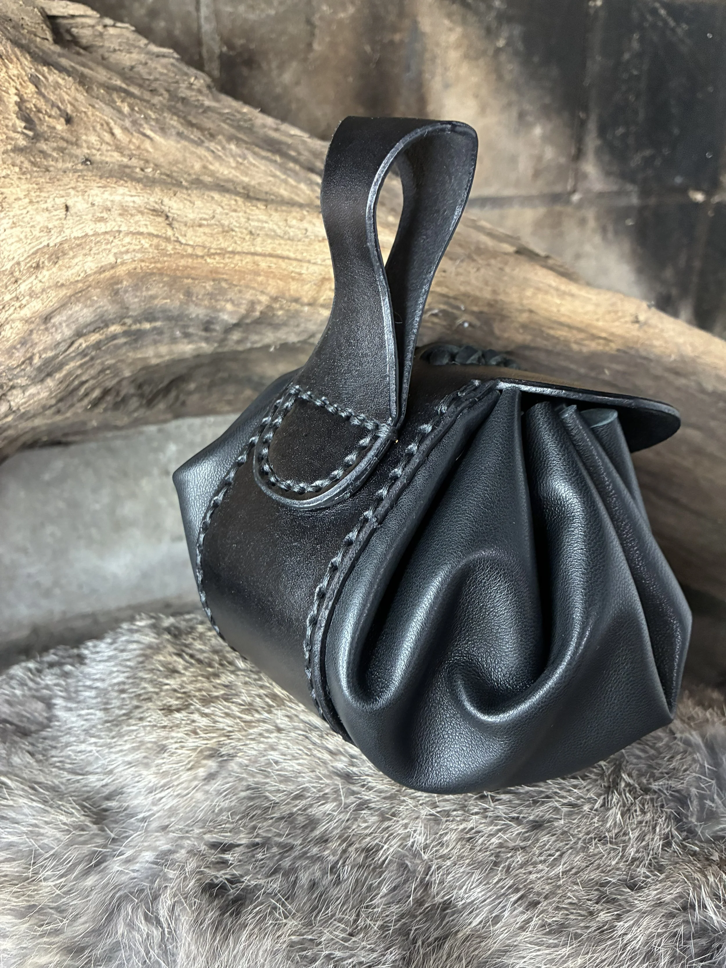"Punger" Black Draw String Leather Belt Pouch. Back/Side View