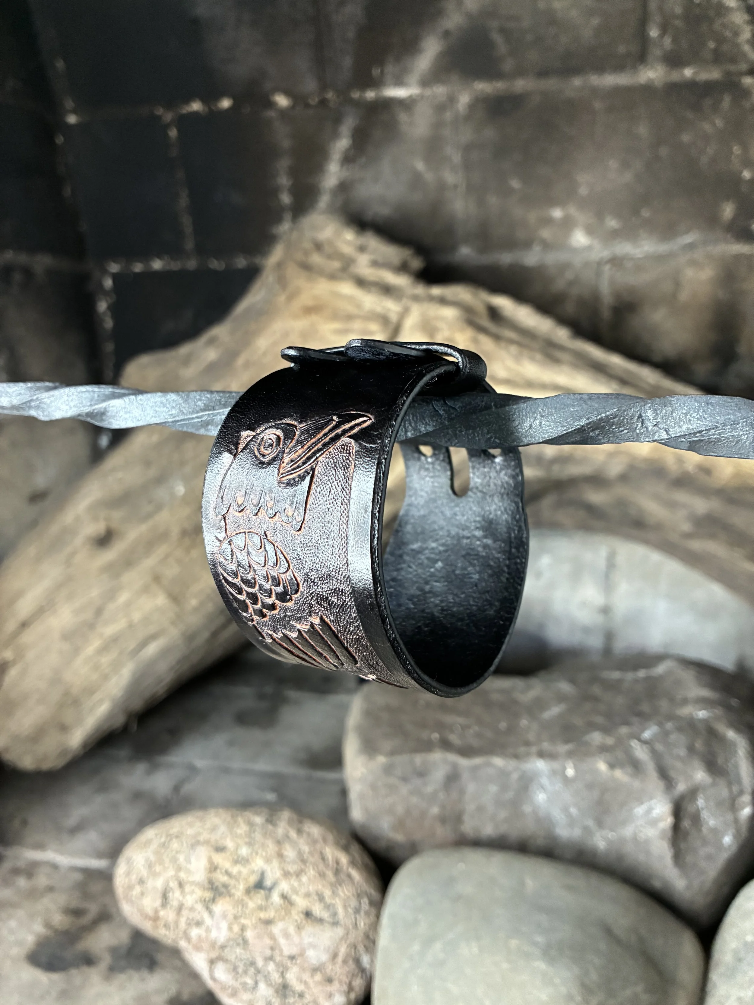 Odin's Raven, Huginn Hand Carved and antiqued Leather Wrist Cuff Top View
