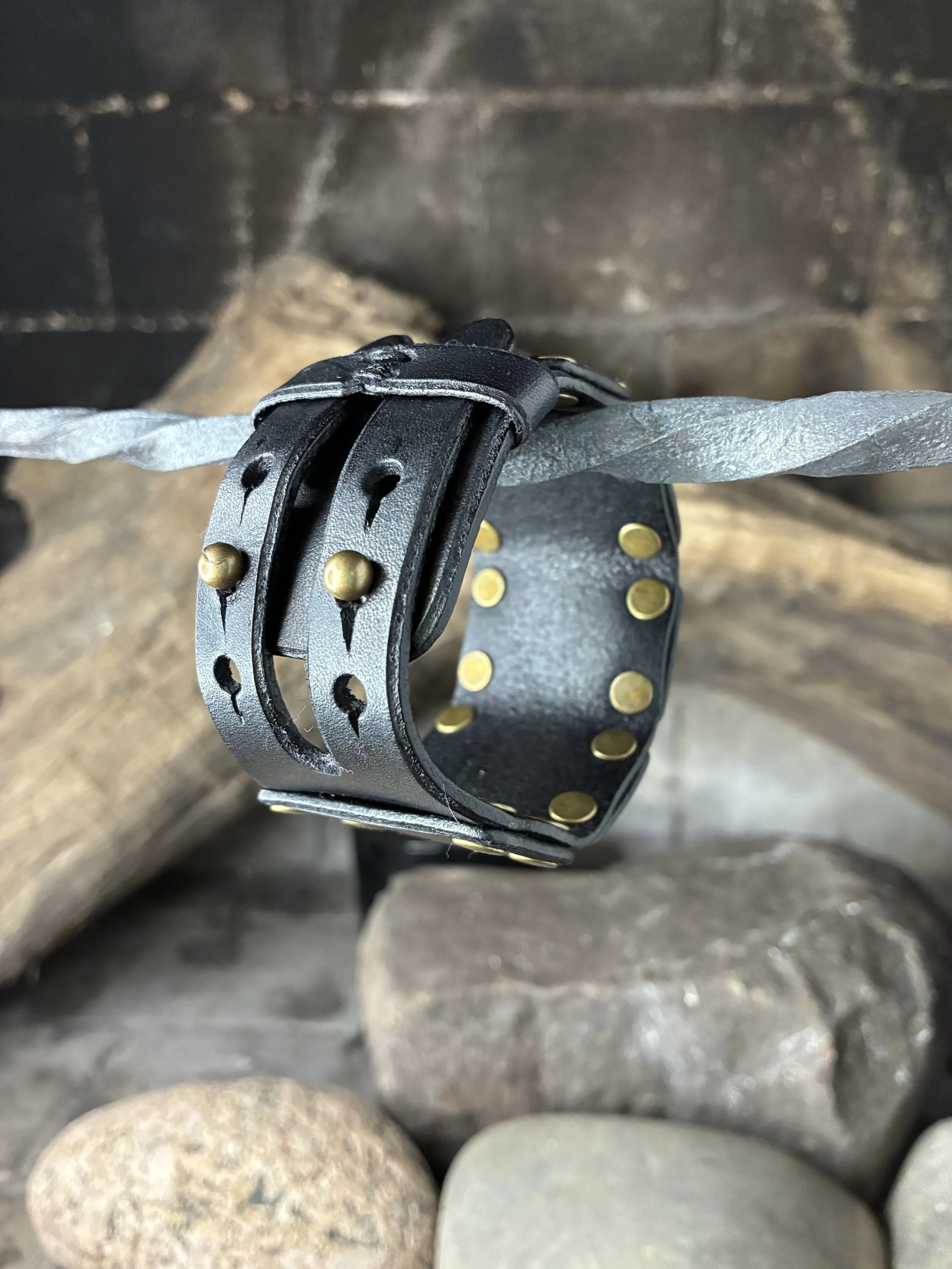 Black Leather Lamellar Armor inspired Wrist Cuff. Strap Closure