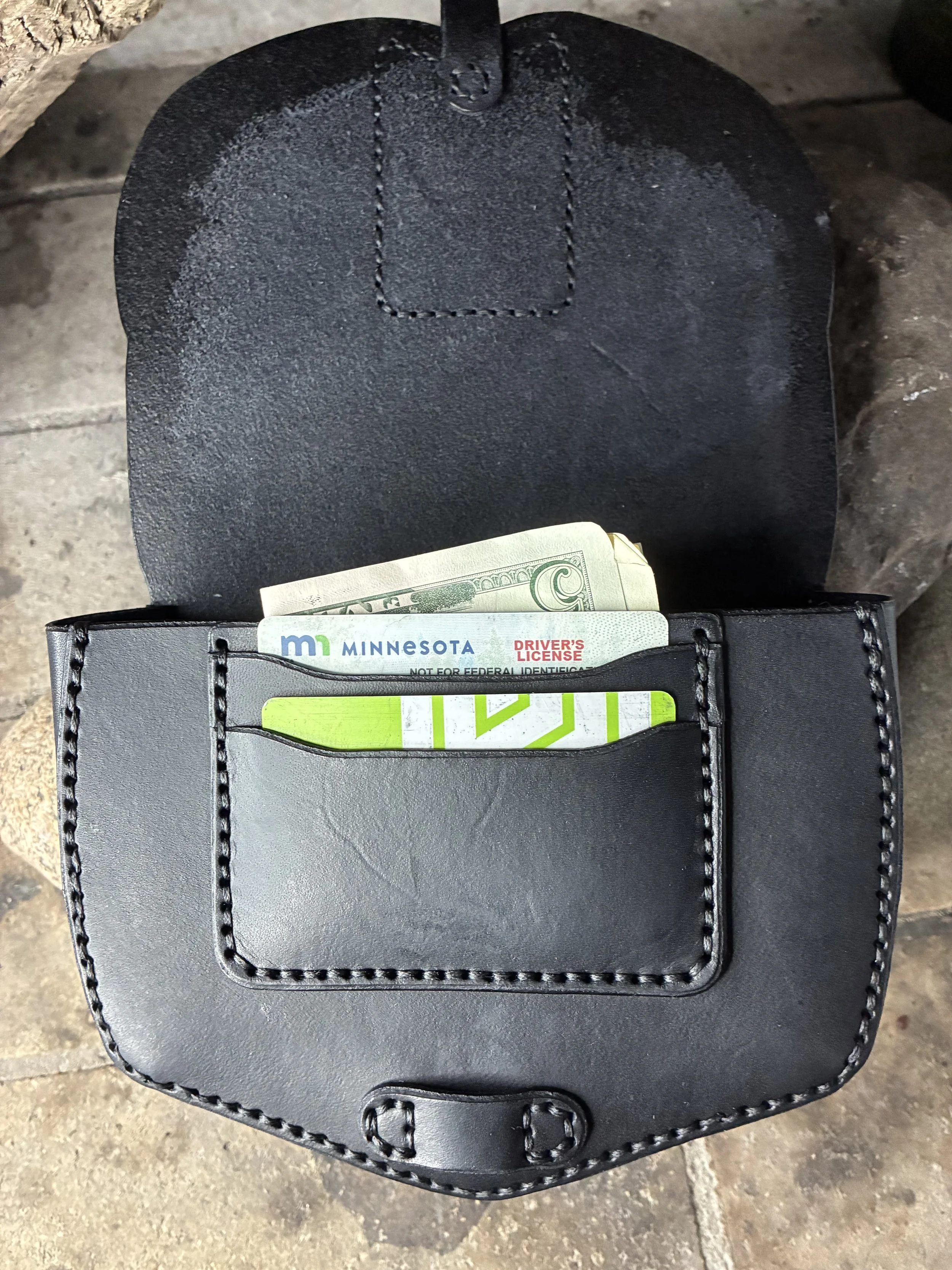 I Handcrafted Black Leather Belt Bag With Card Pockets Card Pocket Detail