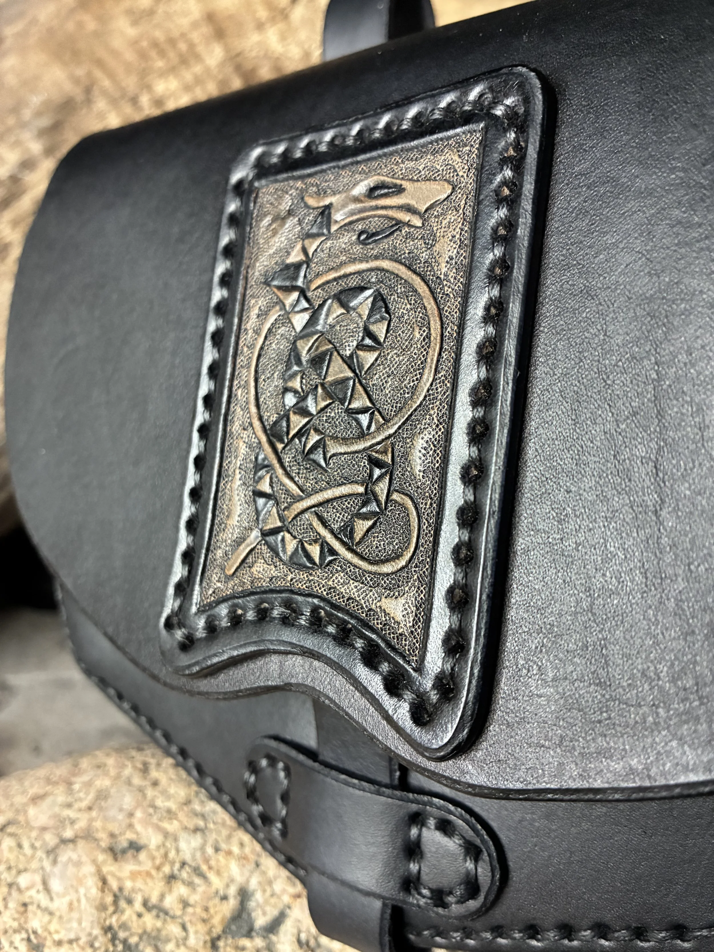 Handcrafted Black Leather Belt Bag With Card Pockets Carving Detail