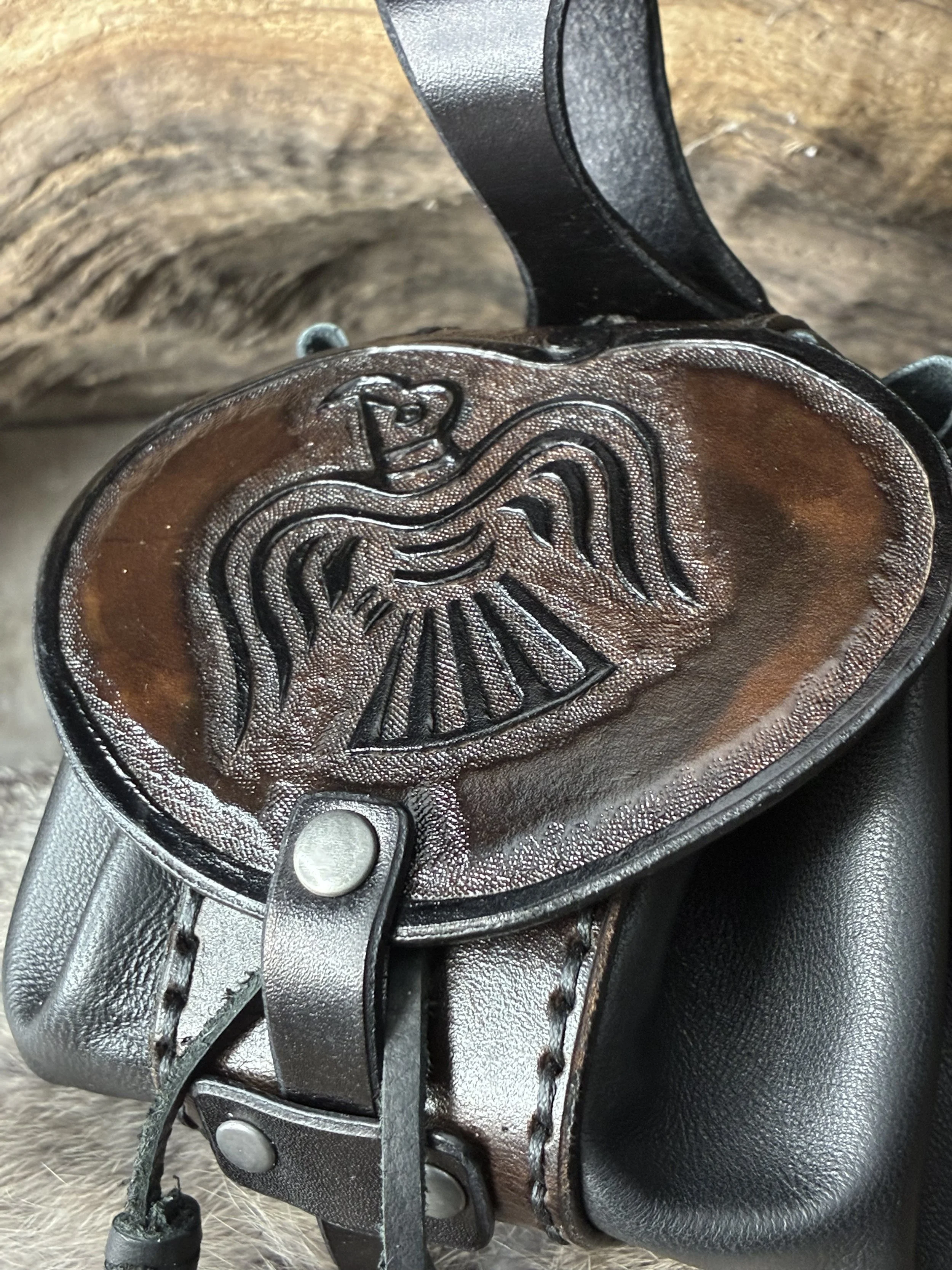Classic Viking Raven Themed Black Leather Belt Pouch. Carving Detail