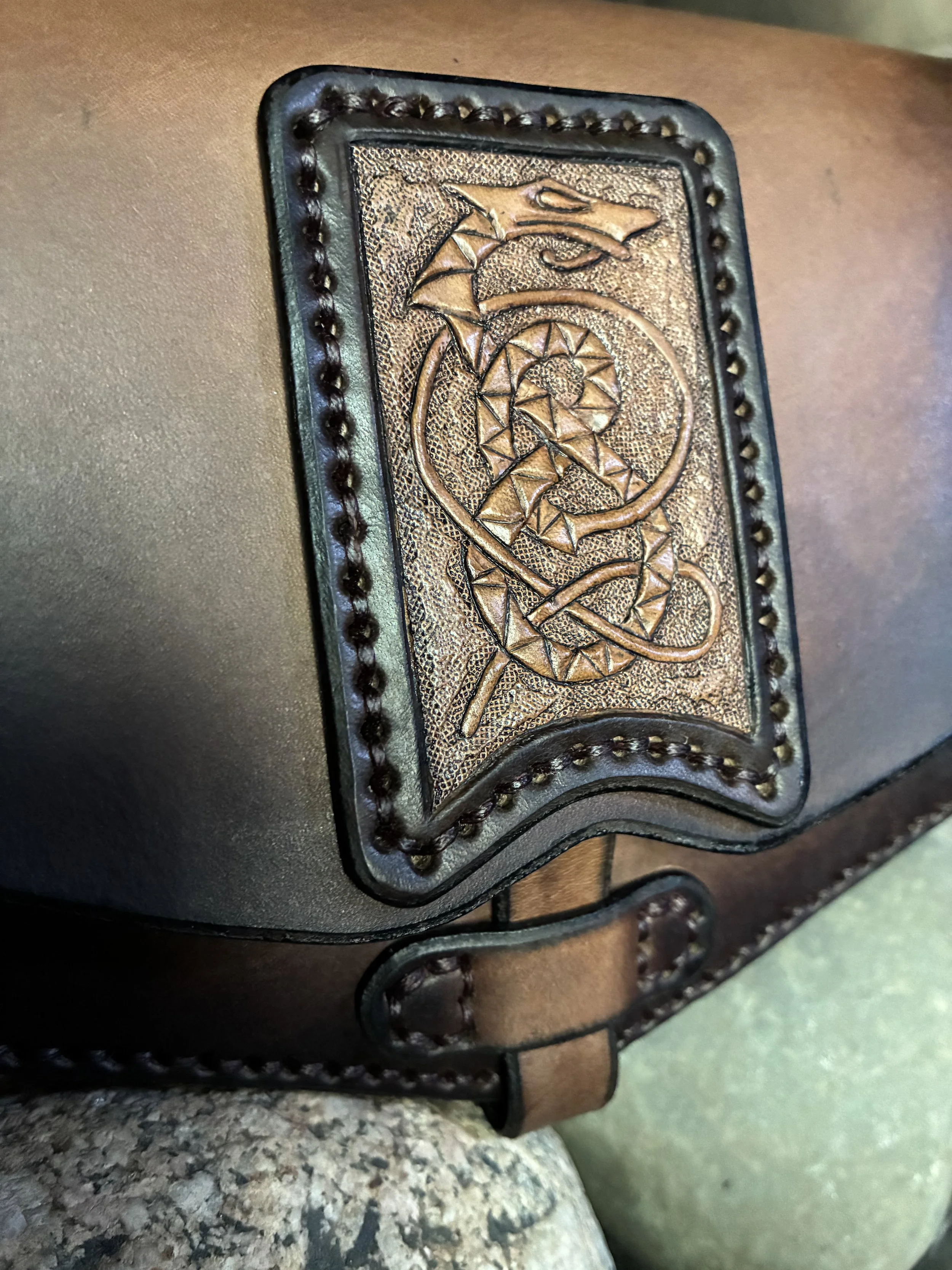 Handcrafted Black Leather Belt Bag With Card Pockets Carving Detail