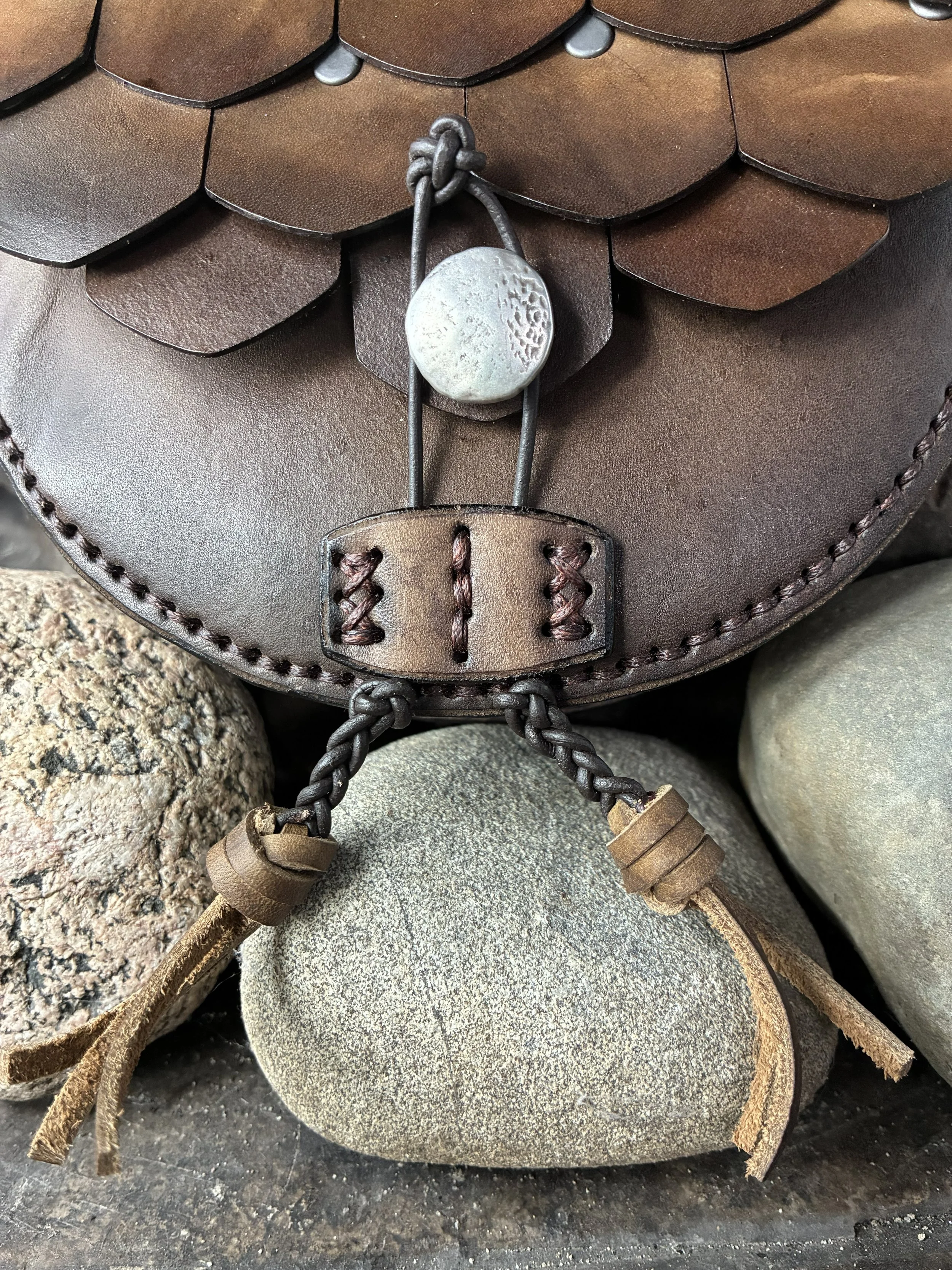 Brown Scale Armor Leather Belt Bag. Button Detail