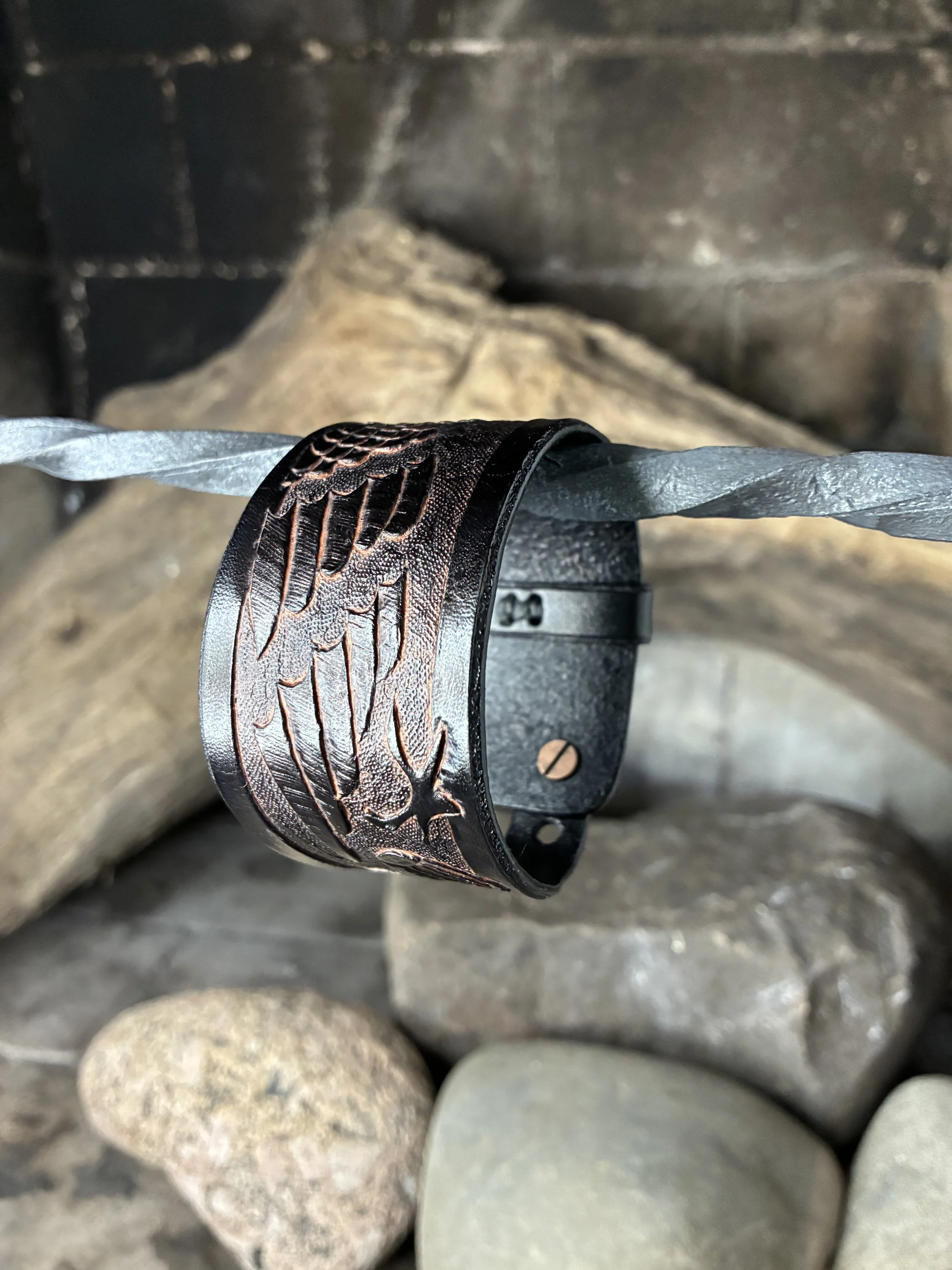 Odin's Raven, Huginn Hand Carved and antiqued Leather Wrist Cuff Front View