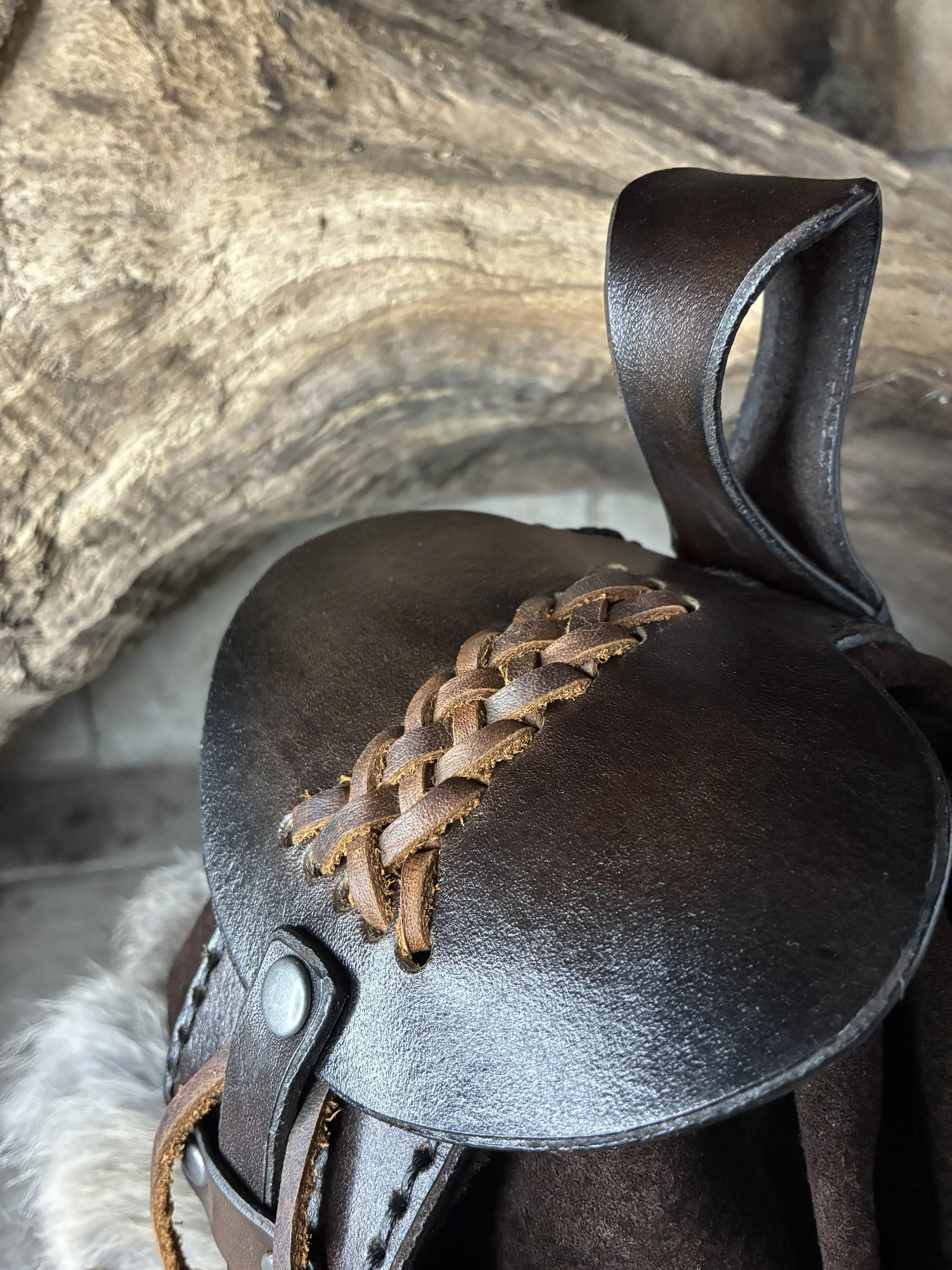 Brown Draw String Leather Viking Belt Pouch. Braid Detail