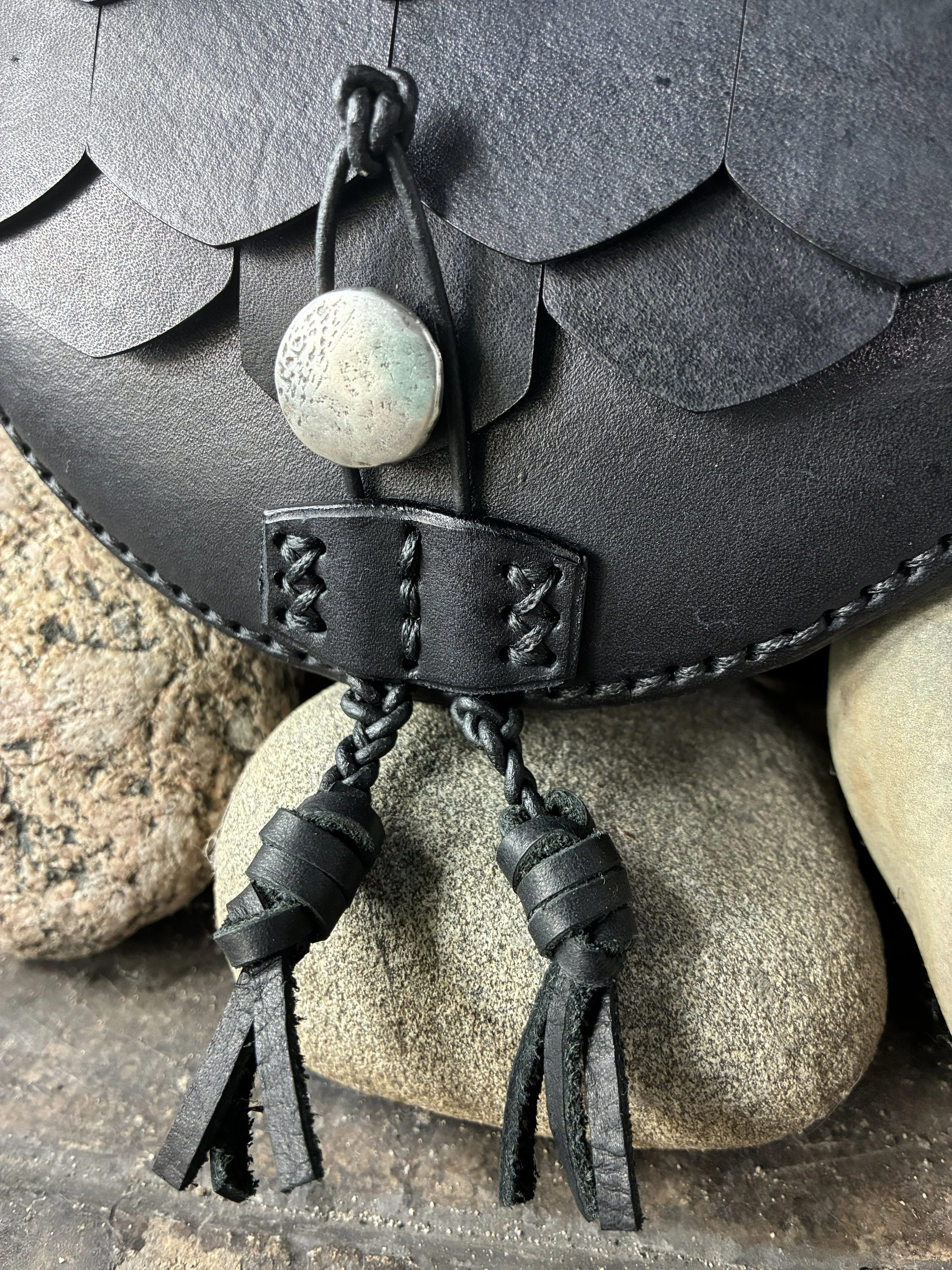 Black Scale Armor Leather Belt Bag. Button Detail