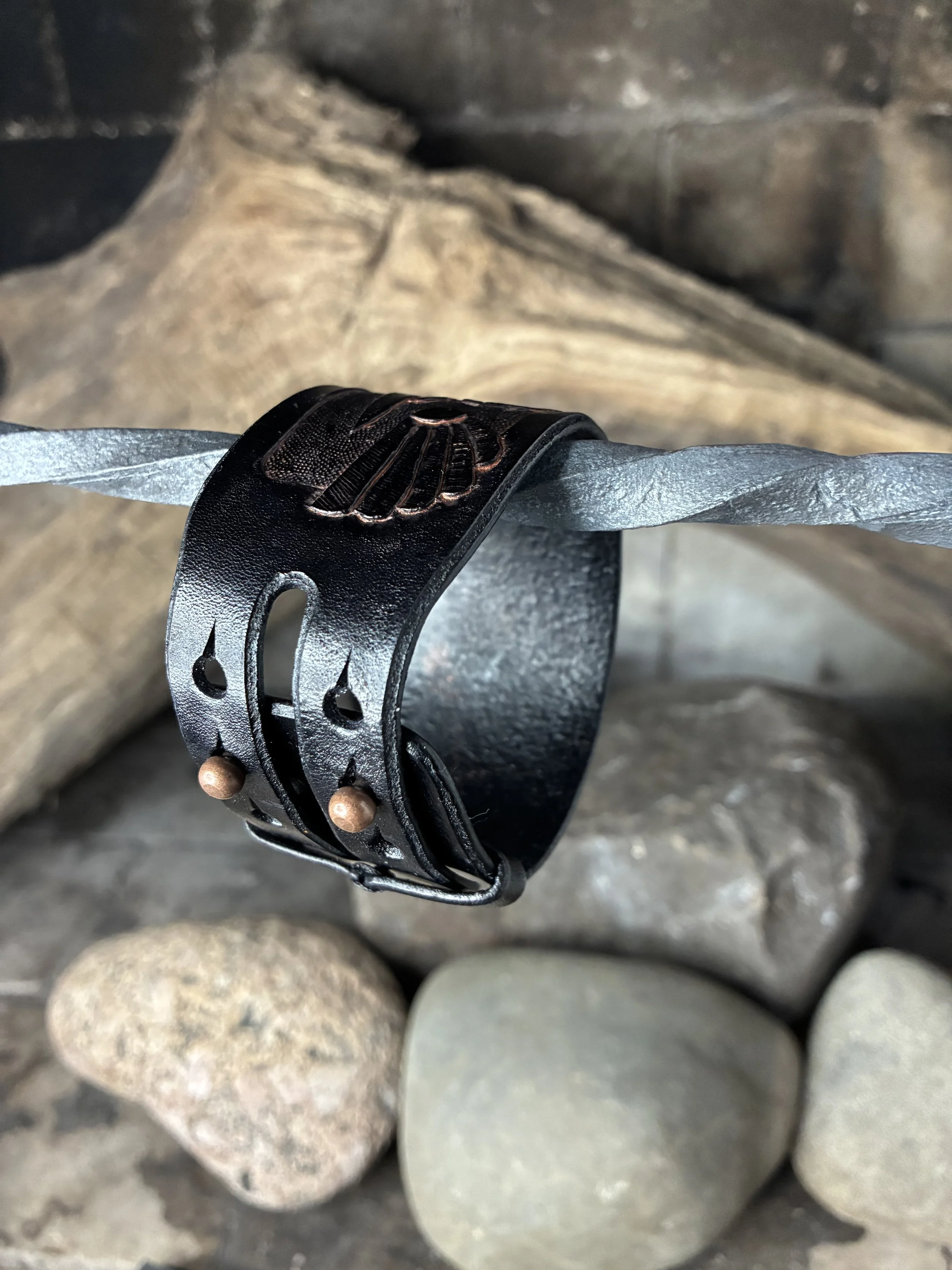 Odin's Raven, Huginn Hand Carved and antiqued Leather Wrist Cuff. Wrist Strap Detail
