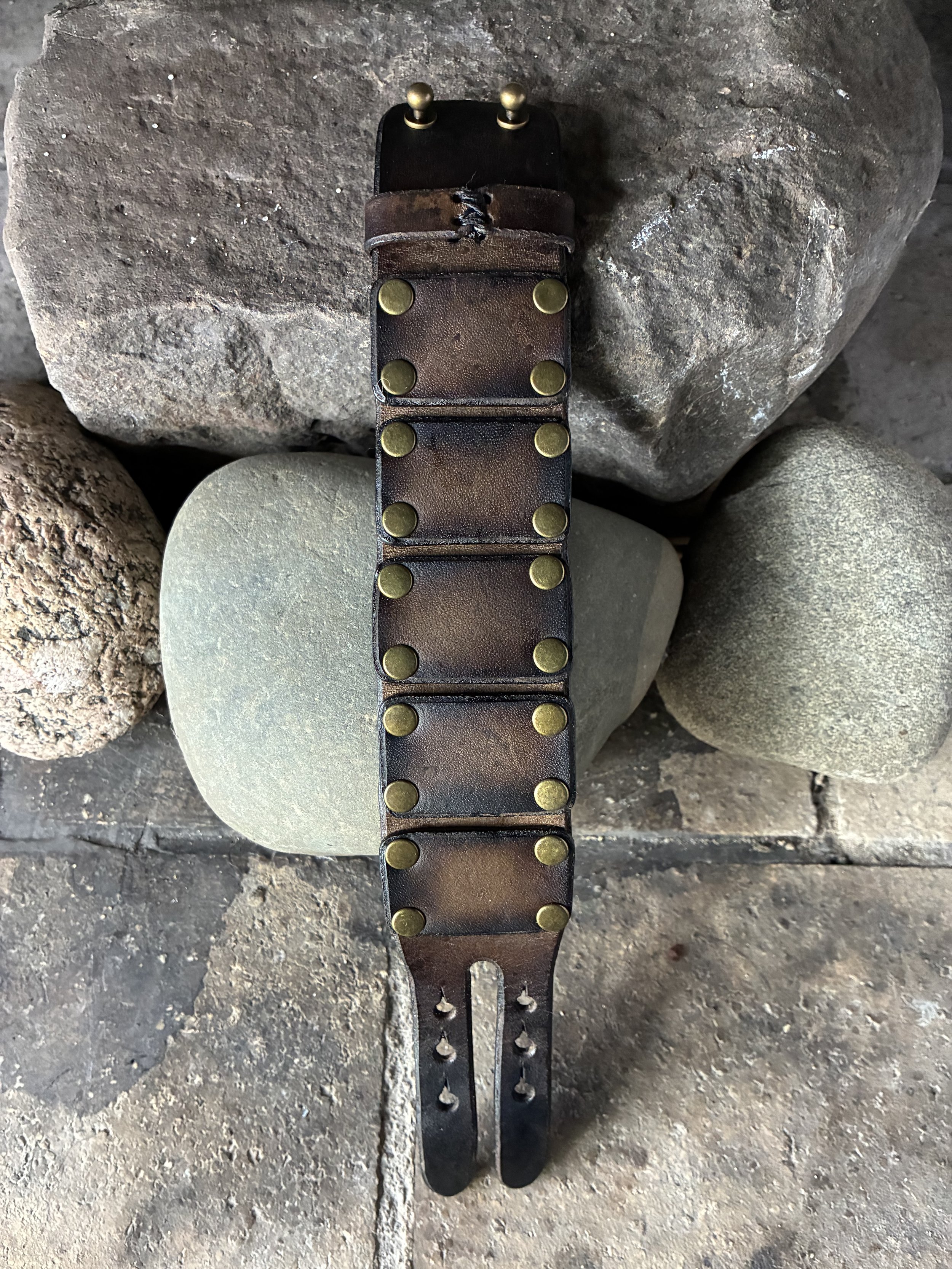 Lamellar Armor inspired Leather Wrist Cuff in Brown. Top View