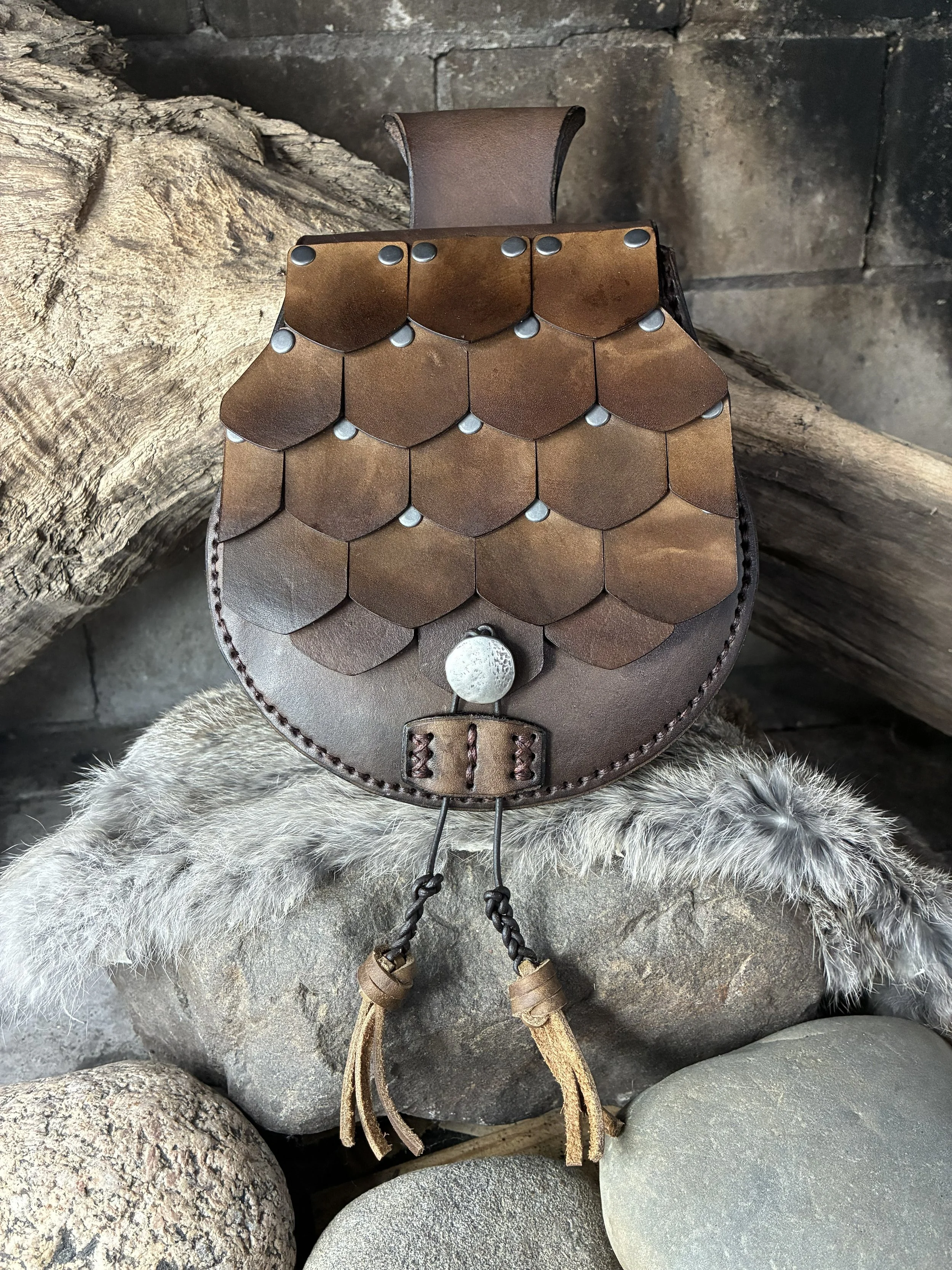 Brown Scale Armor Leather Belt Bag. Front View