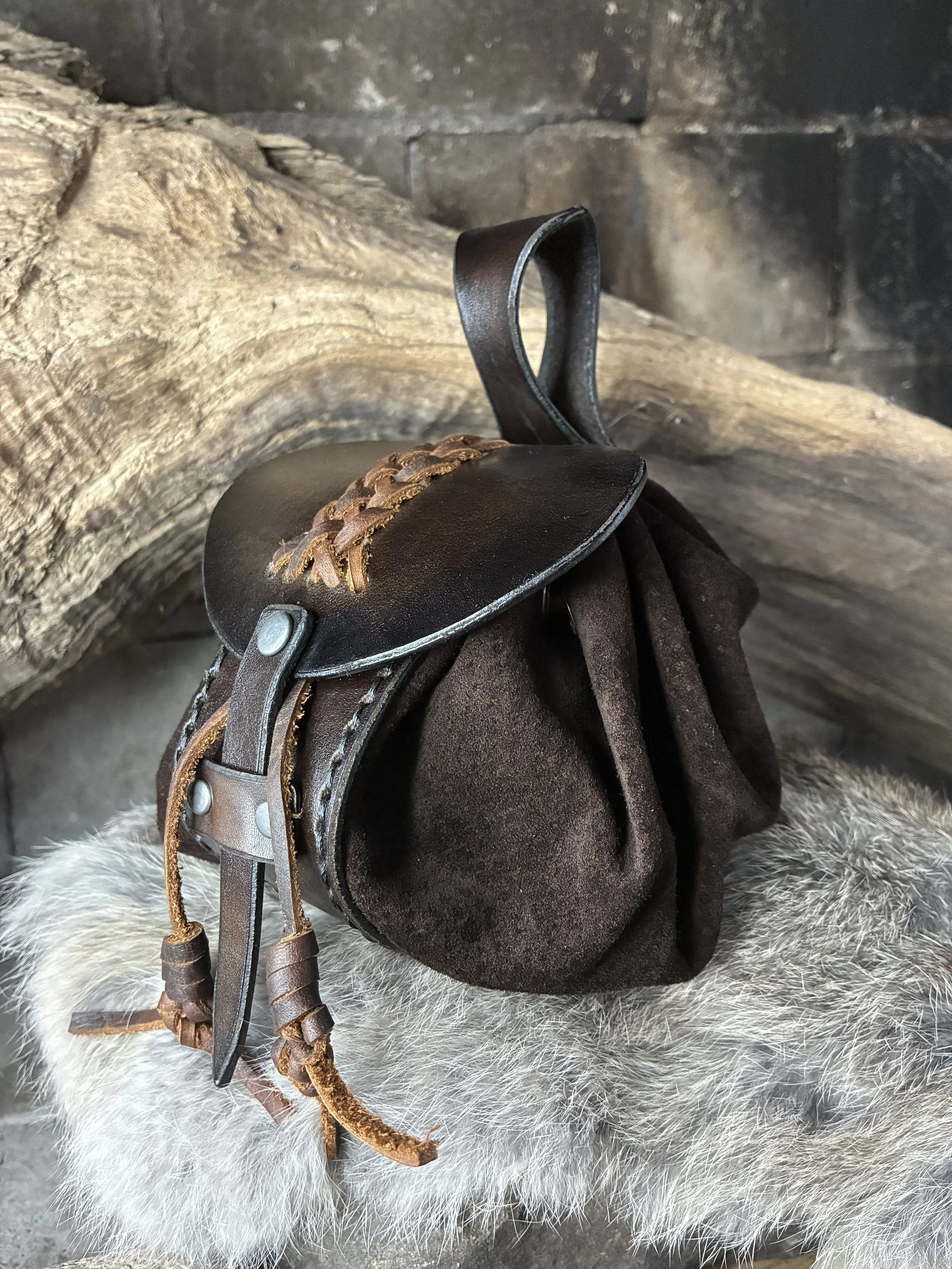 Brown Draw String Leather Viking Belt Pouch. Side View
