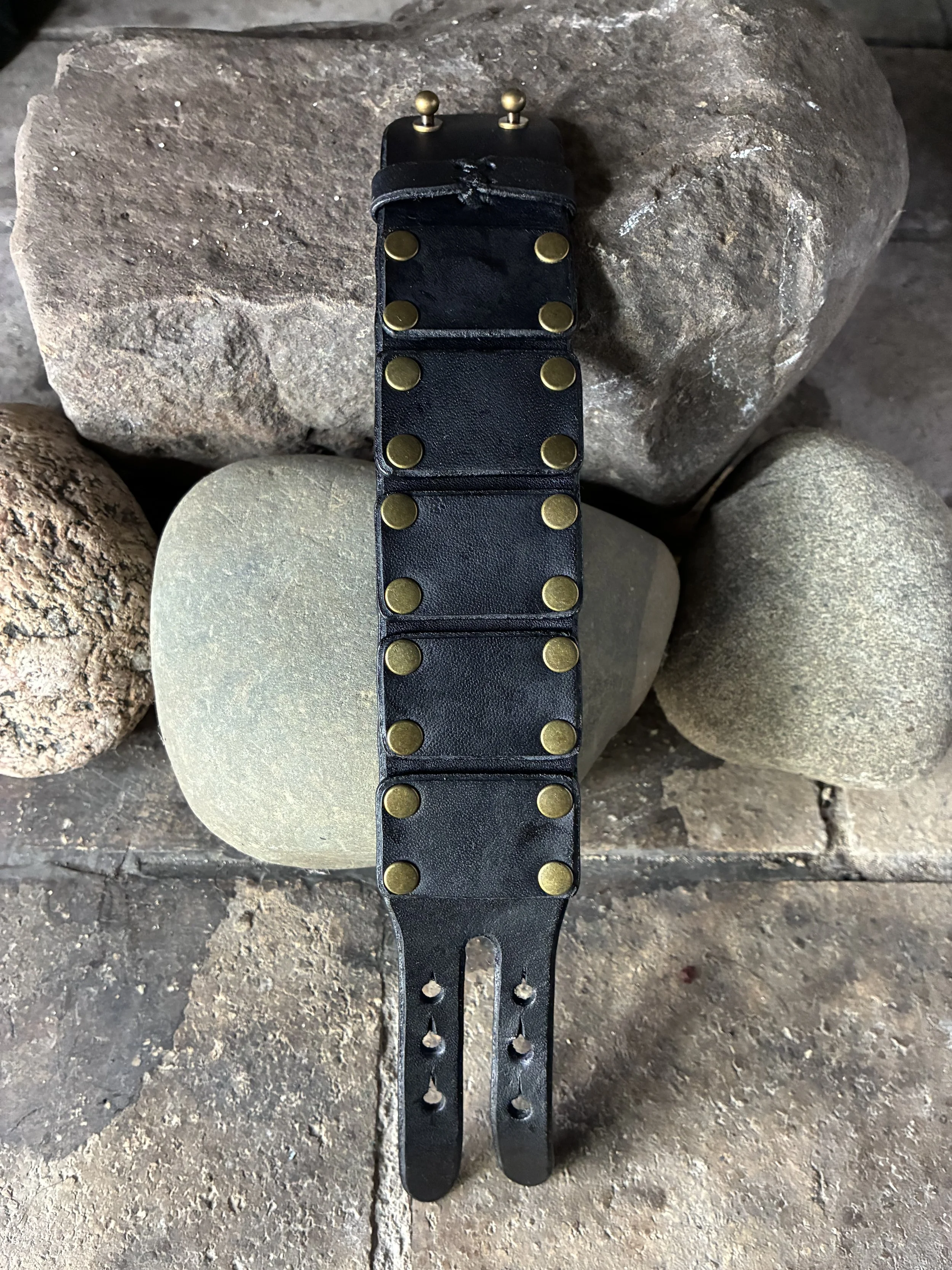 Black Leather Lamellar Armor inspired Wrist Cuff. Top View