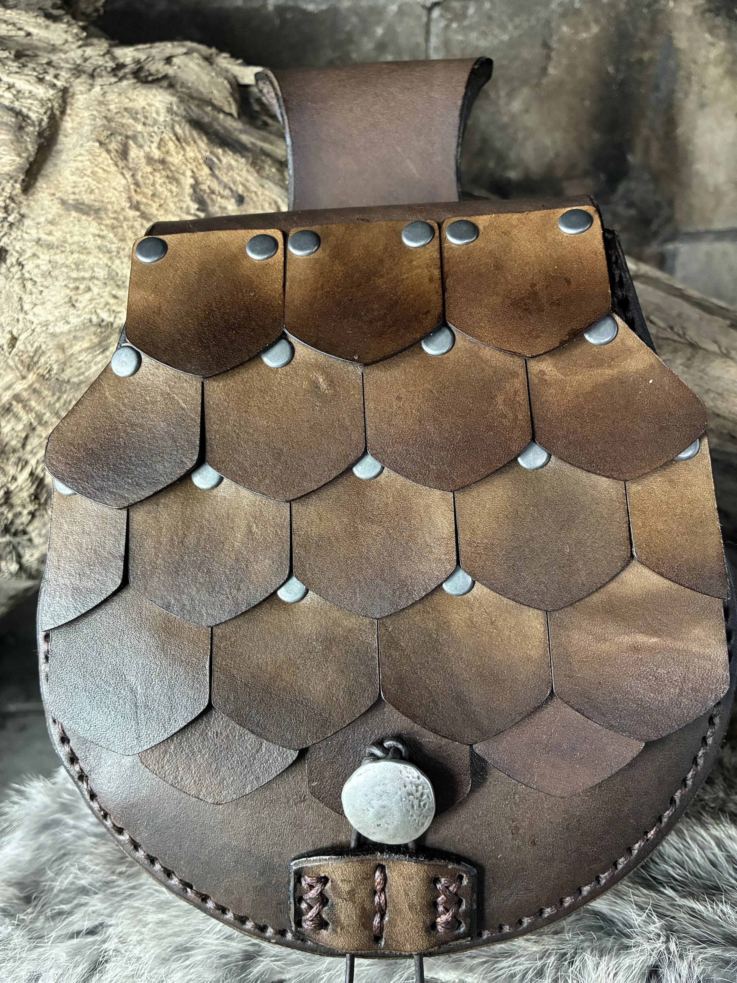 Brown Scale Armor Leather Belt Bag. Scale Detail