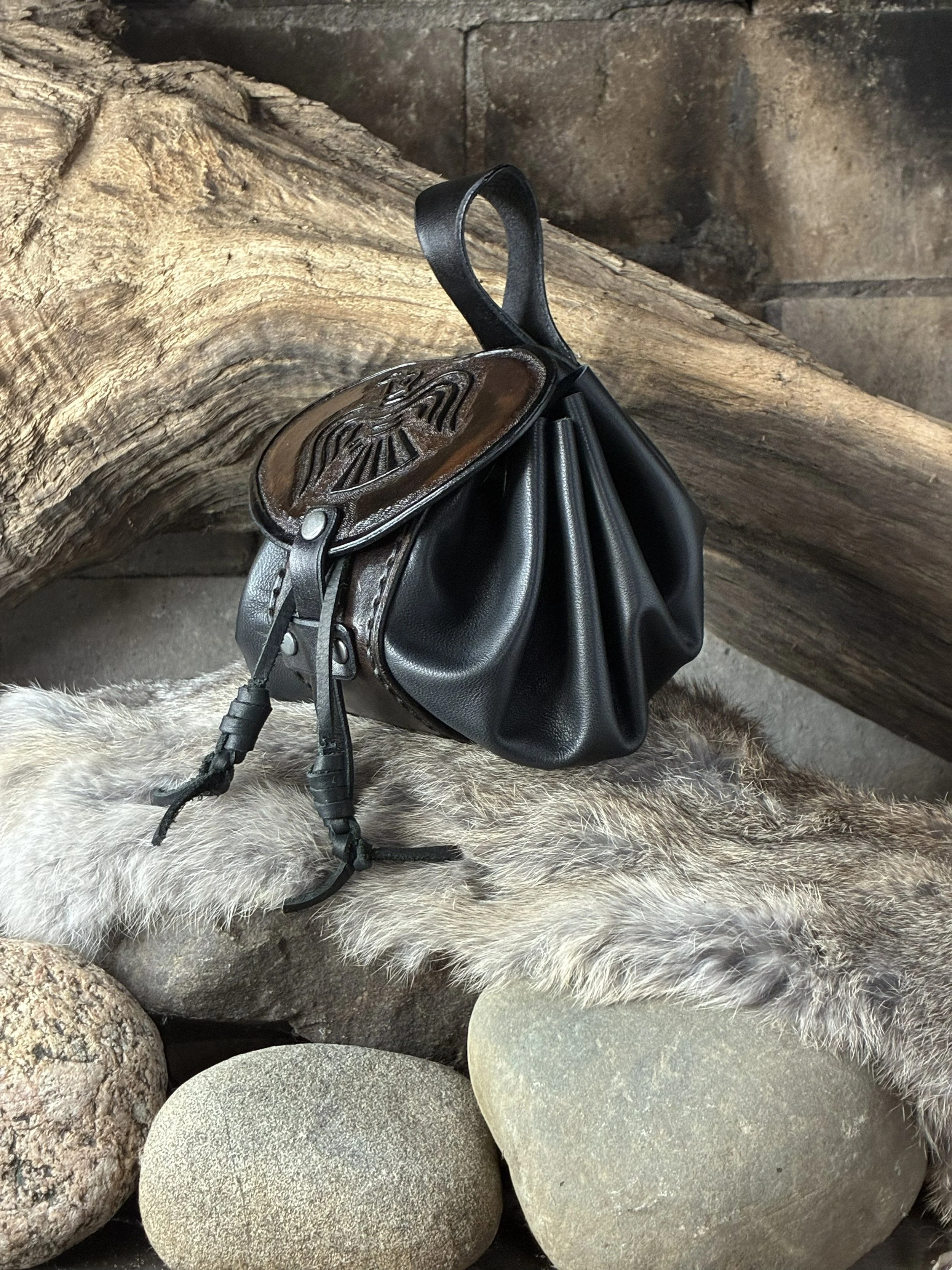 Classic Viking Raven Themed Black Leather Belt Pouch. Side View
