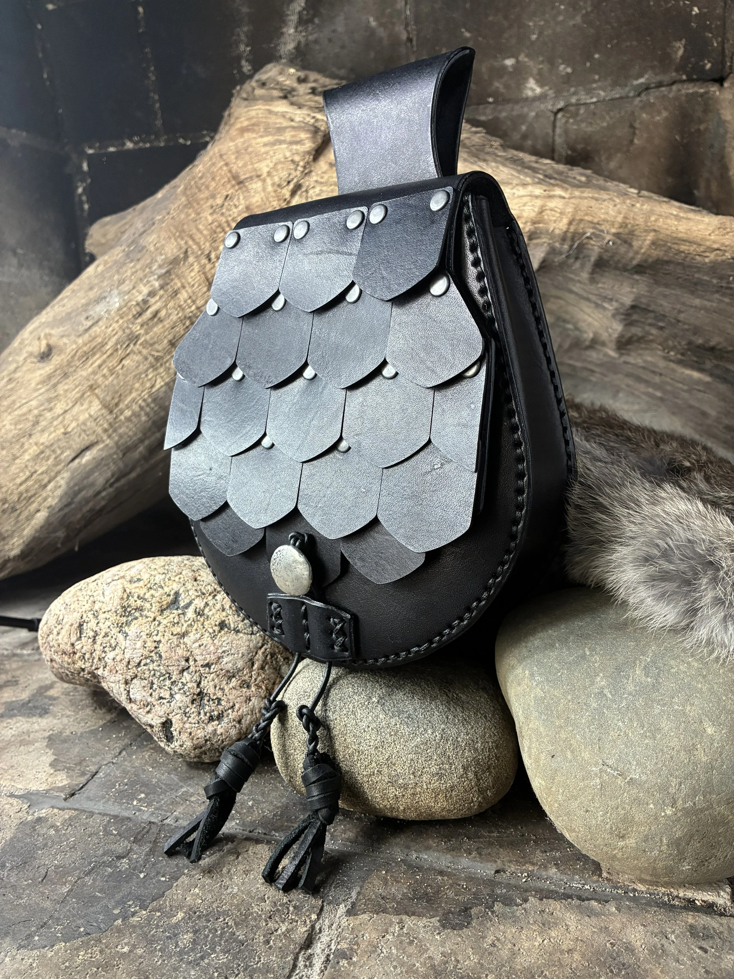 Black Scale Armor Leather Belt Bag